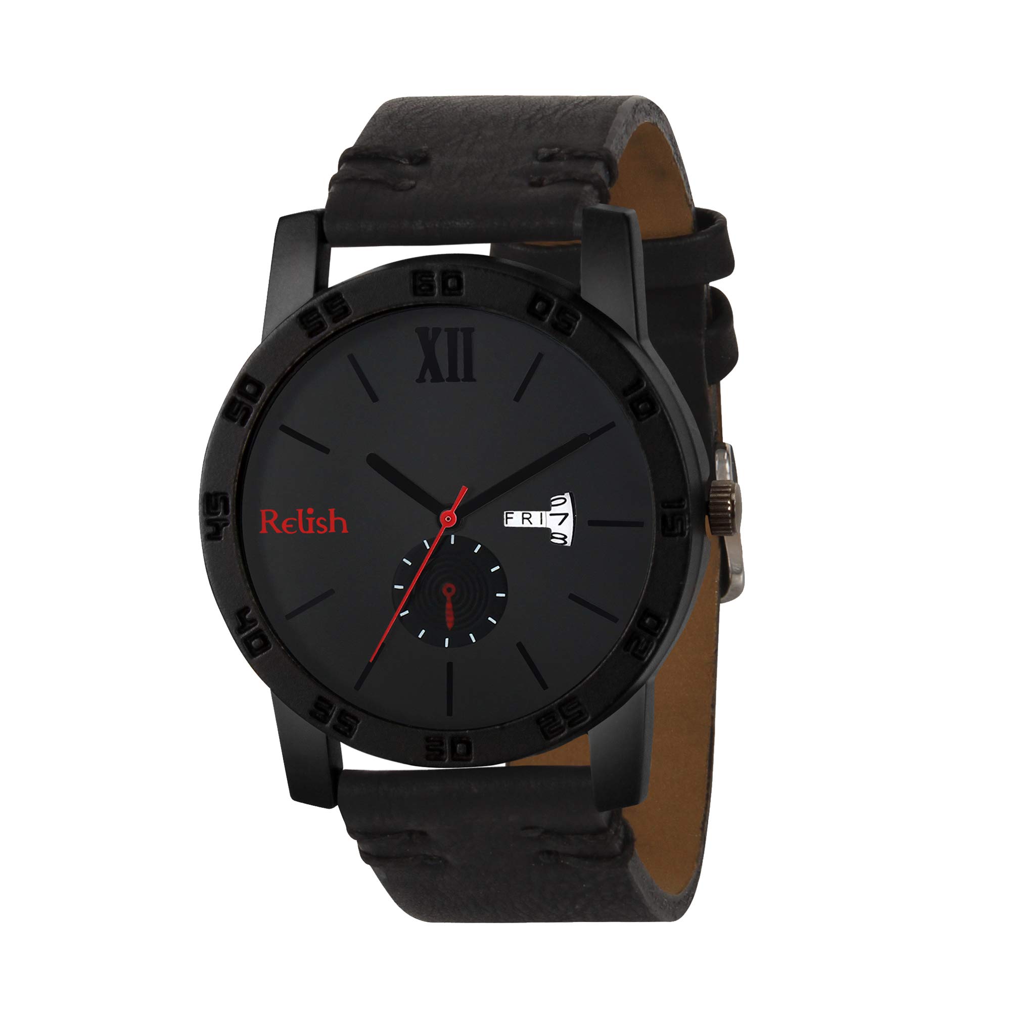 Relish Mens Black Stainless Steel Case Analog Display Leather Strap Quartz Watch (Black) (B08DJ6YWKS) Amazon Price History, Amazon Price Tracker