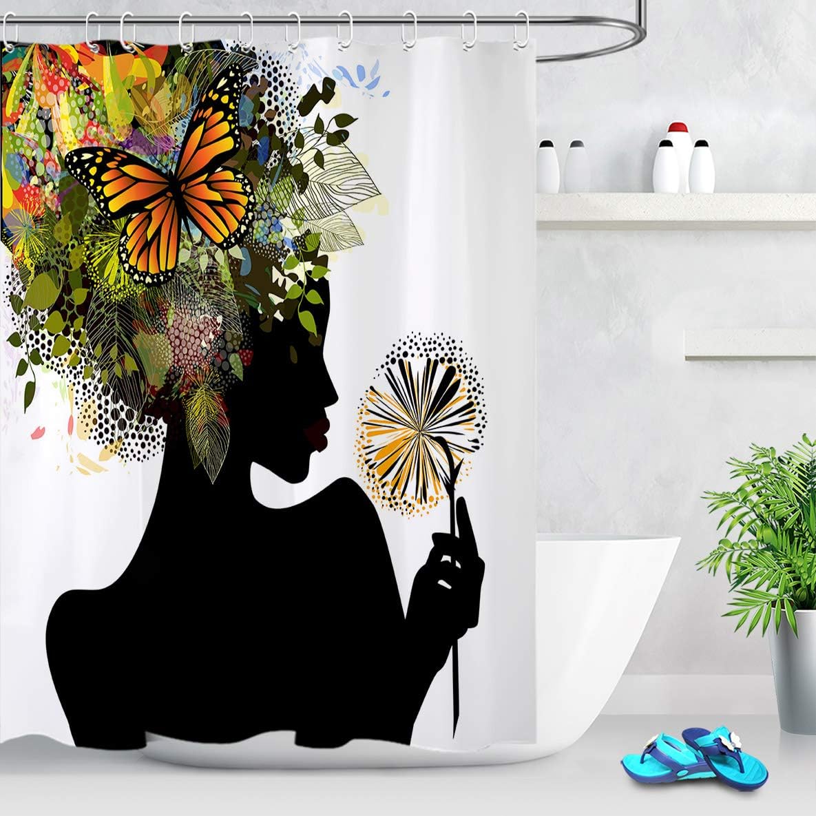 LB African American Black Girl Shower Curtain,Futuristic Design with