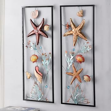BLACK FOREST DECOR Undersea Shell & Coral Metal Wall Art Set of 2 Multicolor Coastal Panels, Each 11.25" W x 1" D x 29.25" H