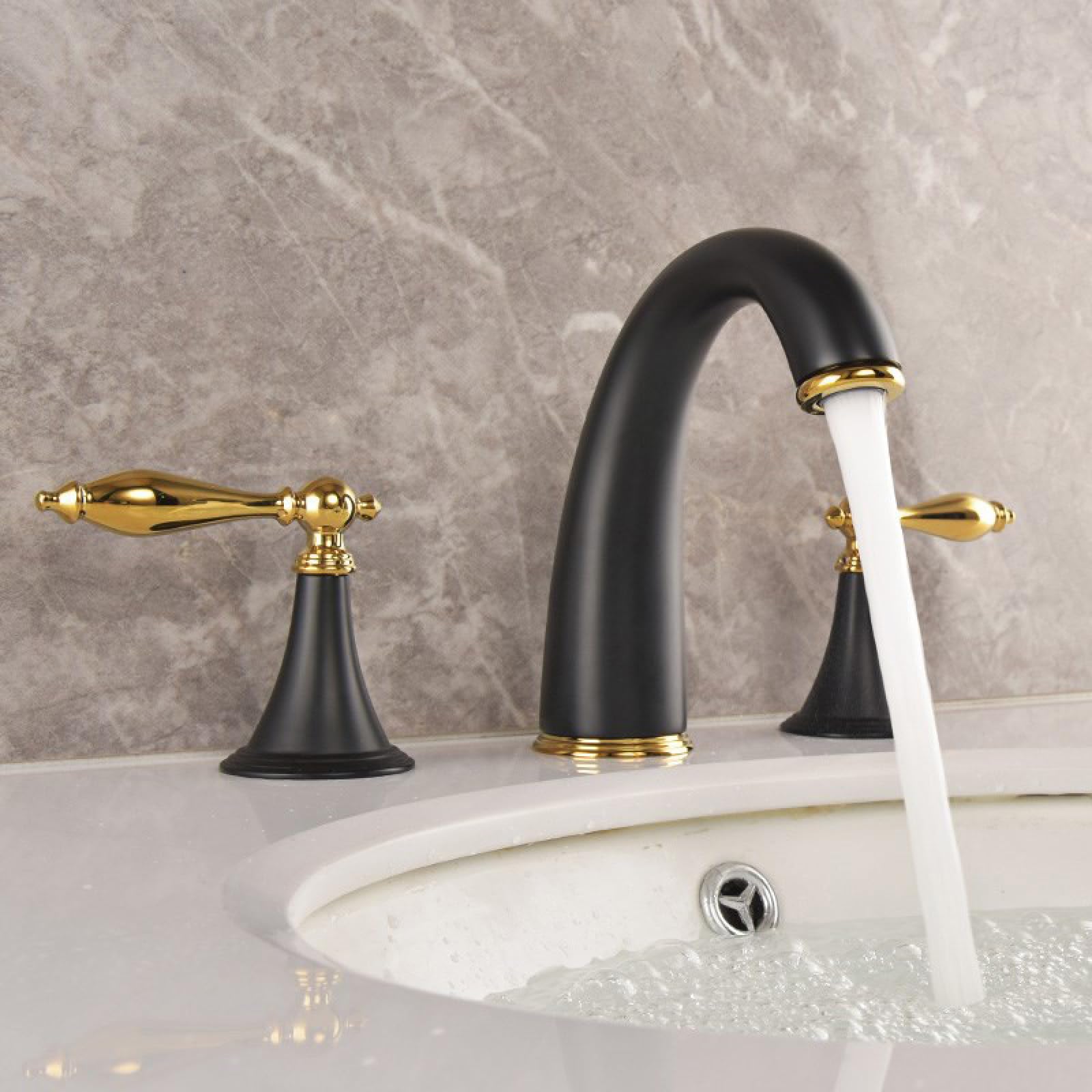 Waschbeckenarmatur 3-Loch Schwarzgold, Messingarmatur Badezimmer, Waschbeckenarmatur Warm- Und Kaltwassermischer, 3-Loch-Armatur Kompatibel Mit Waschbecken, 2-Griff-Badezimmerarmatur, Waschbeckenarmat