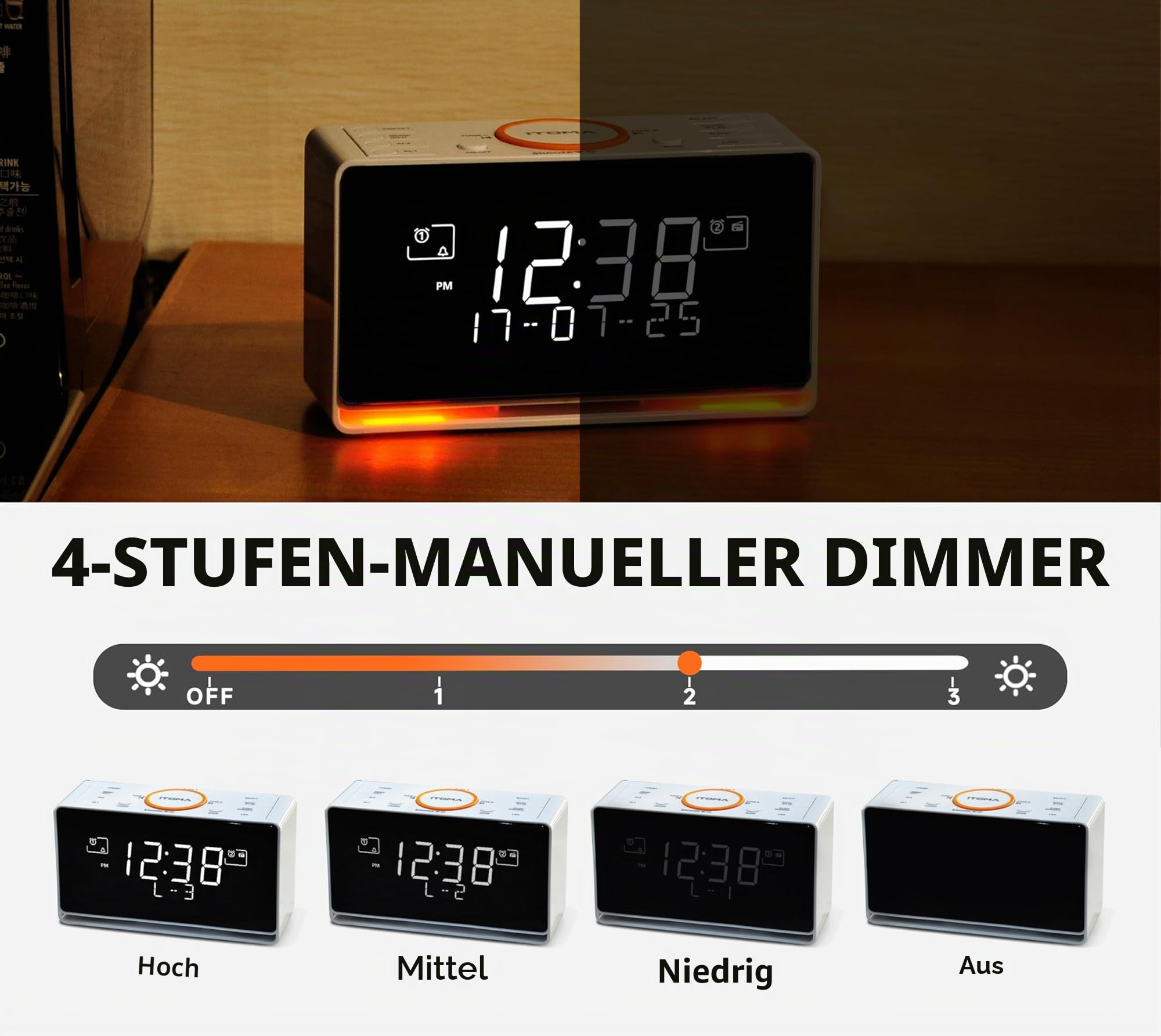 iTOMA DAB+ Digital Radiowecker, 40 Presets, Dual Alarm mit Snooze, Bluetooth Dimmer Steuerung, USB Ladegerät und Kopfhörer Jack 728