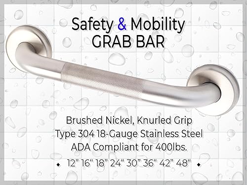 Miniatura 5 de Barra de seguridad para baño - Pasamanos de níquel cepilladoADA para duchaacero inoxidable 304moleteado12 pulgadas