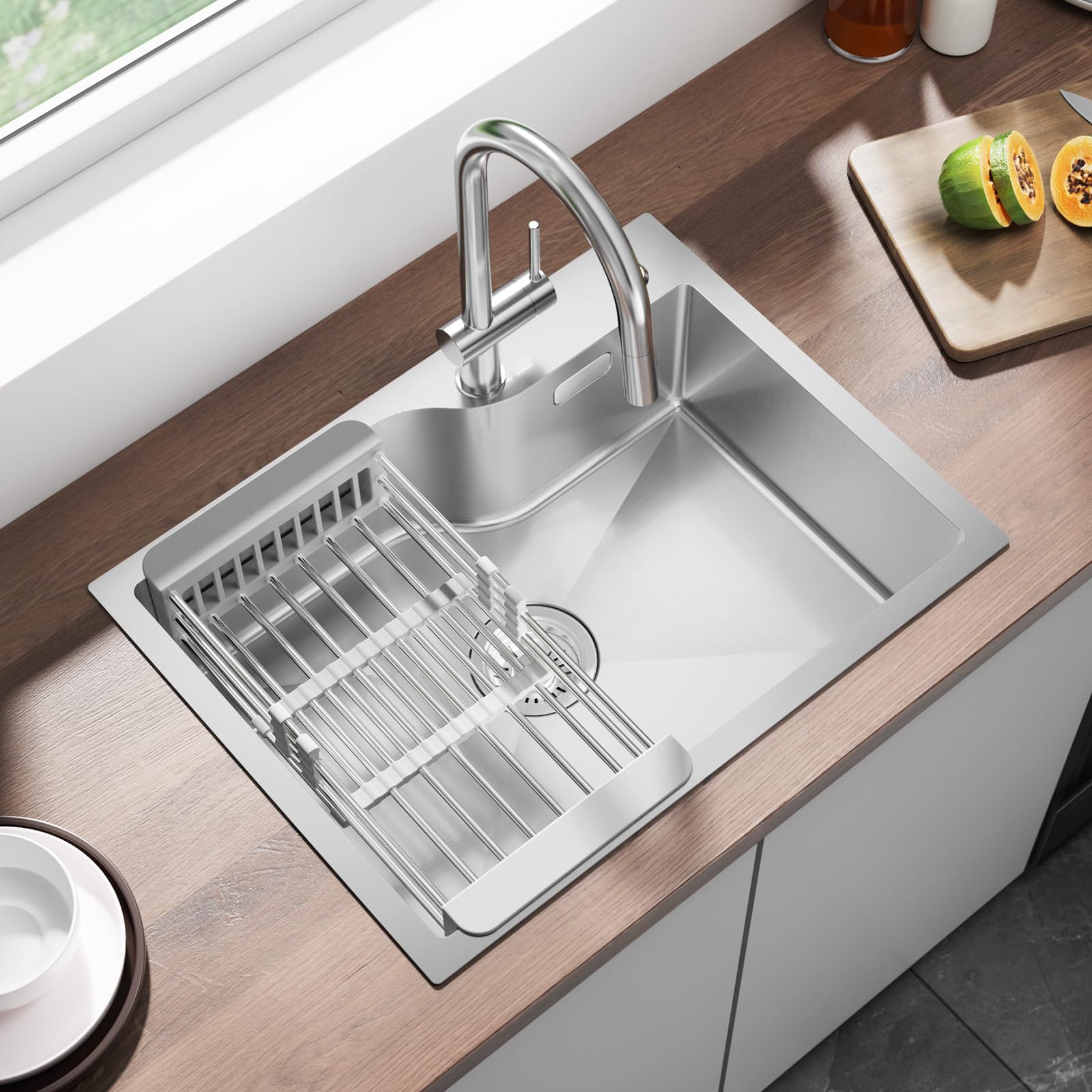 CECIPA Fregadero de acero inoxidable 60x45 cm, Fregadero empotrable de acero inoxidable incluye cesta escurreplatos, Fregadero de cocina con orificio para grifo para a partir de 60cm, Lavabo de acero