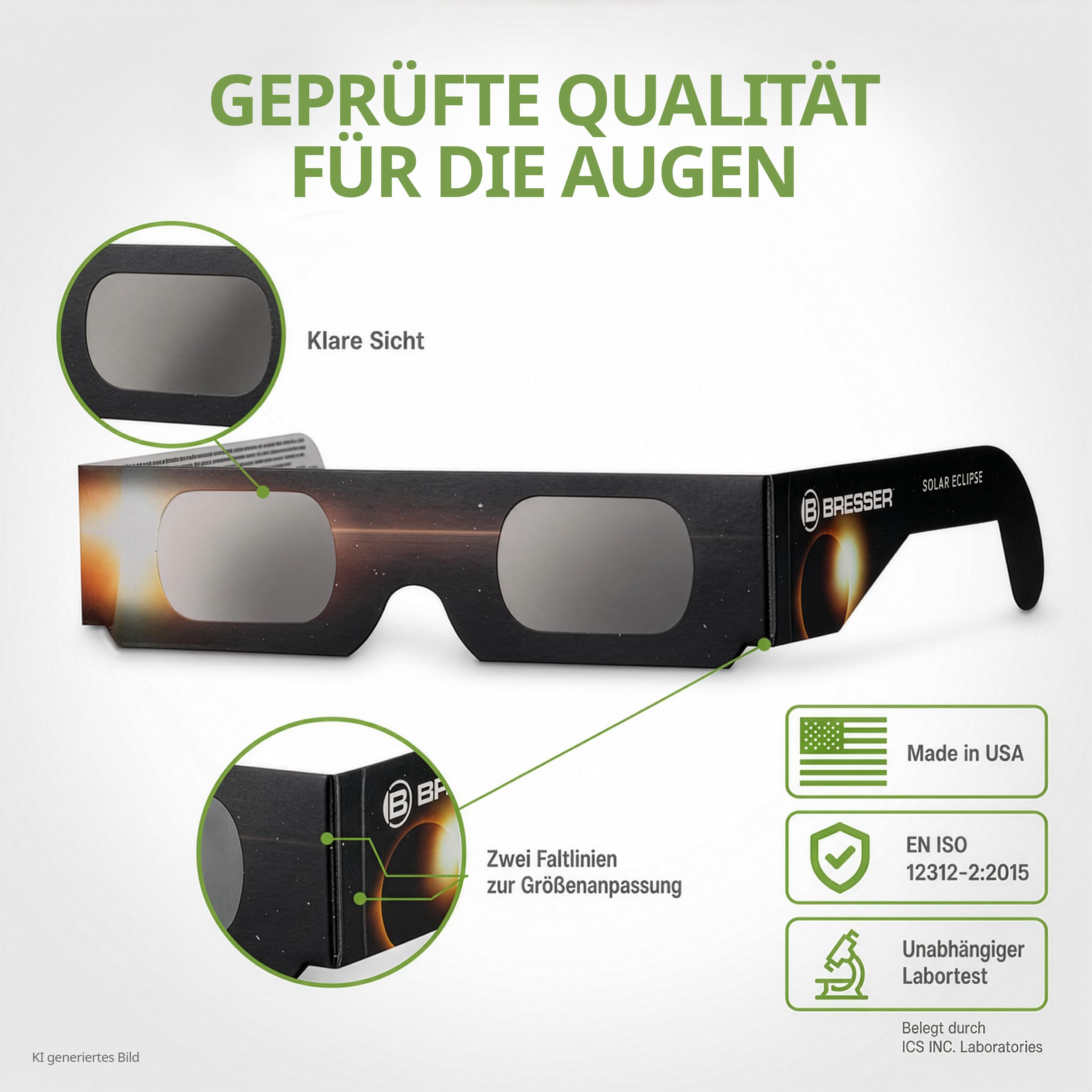 Bresser Sonnenfinsternis Brille CE-zertifiziert ISO 12312-2 50 Stück | Absolut sicher, bereit für die Sonnenfinsternis 2026, 2027, 2028, hellgelbes Sonnenbild, UV und IR Schutz, Made in USA