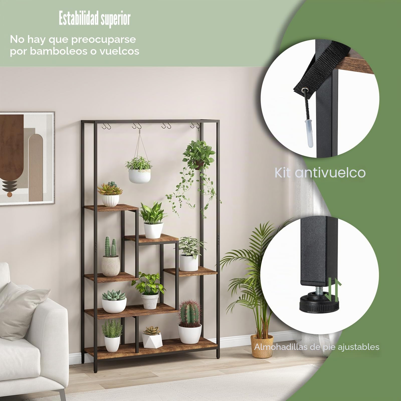 HOMASIS 6 Niveles Soporte para Plantas de Interior, 100x30x180cm Estantería Vertical y Multiusos con Rejilla y 10 Ganchos, Jardinera Industrial de Madera y Metal para Decoración Marrón