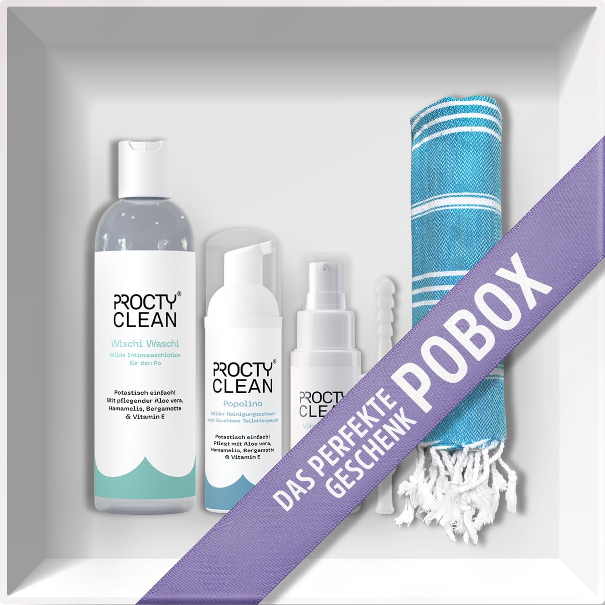 ProctyClean PoBox - Inftimpflege und Hygiene für den Po im Wohlfühl-Paket | Tägliche Pflege, Hilfe bei Hämorrhoiden, Analfissuren, Jucken, Brennen, statt feuchtem Toilettenpapier, auch als Geschenk
