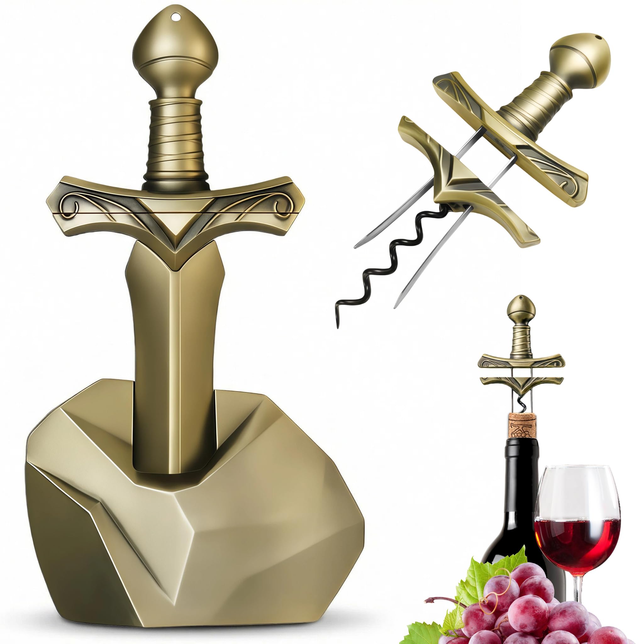 Ah So Wine Opener, Excalibur Sword Wine Corkscrew with Display Base, Premium Zinc Alloy Vintage Bronze Corkscrew for Fragile Corks, Unique Wine Gifts for Man, Collectors & Luxury Bar Decor (Bronze)