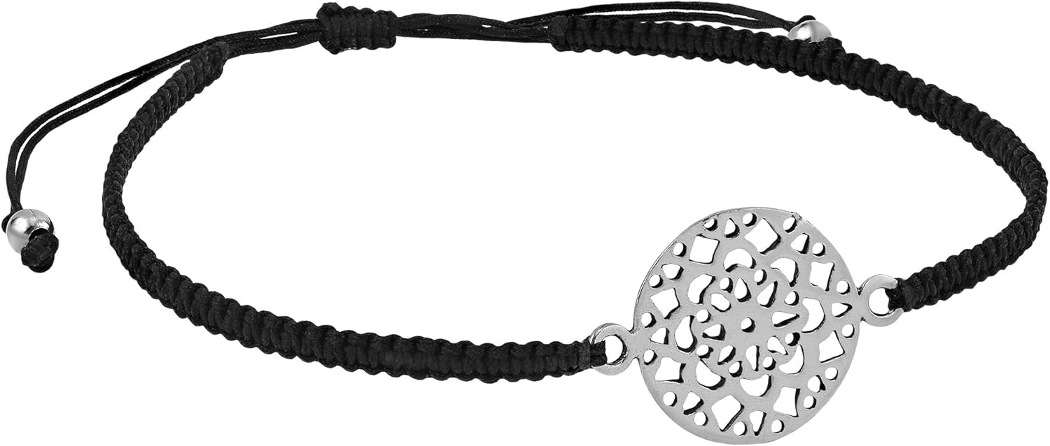 AeraVida Symbolic Flower of Life .925 Sterling Silver Charm on Black Adjustable Bracelet | Spiritual Sterling Silver and Black Cord Bracelet for Men and Women - Image 2