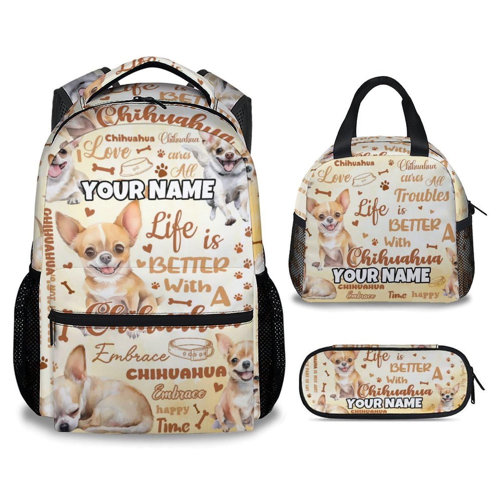 Girls Backpack with Lunch Box - 17 Inch Custom Chihuahua Backpacks Set for School - Cute Dog Bookbag Combo for Teen Girls - Lightweight Durable School Bag with Lunch Bag and Pencil