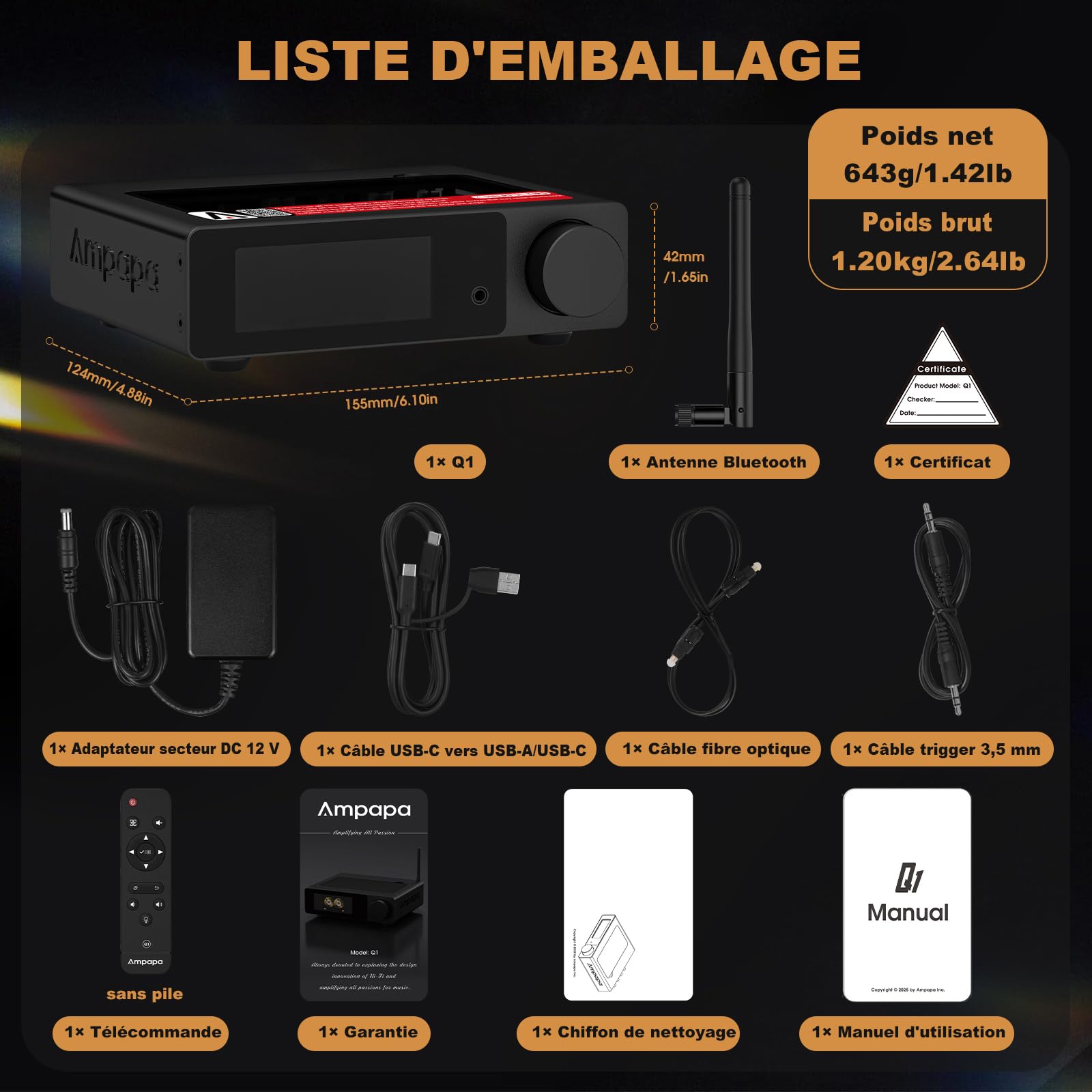 Convertisseur Numérique-Analogique Ampapa Q1: Adaptateur DAC USB HiFi 768kHz/32bit DSD512, Ampli Casque Bluetooth APTX-HD avec ESS9039+AK4493 pour Amplificateurs Stéréo Domestiques et Écoute de Bureau