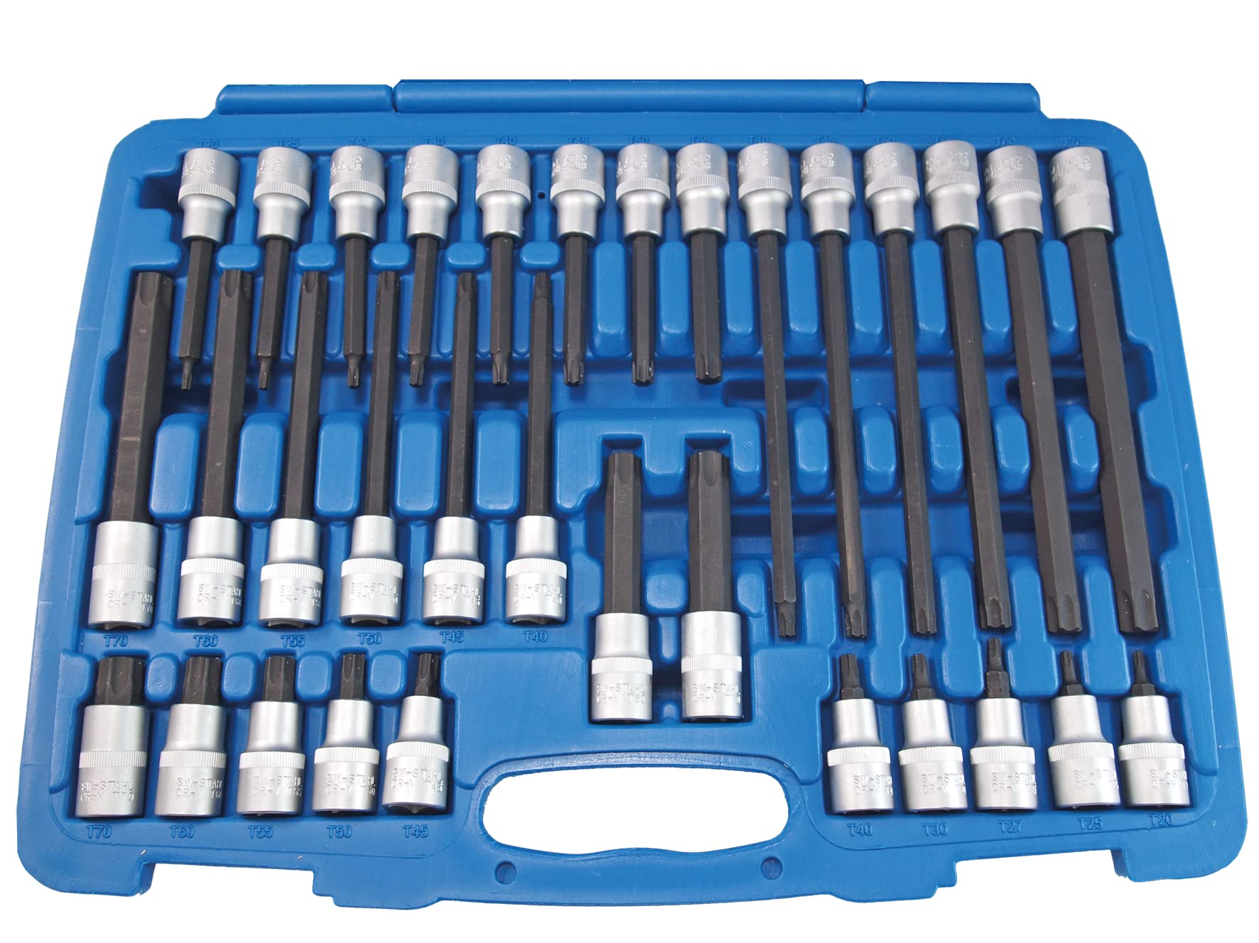 SW-Stahl 04423L Zestaw Kluczy Nasadowych Torx 1/2", Profil T, 32 Elementy | Nasadki wkrętakowe T20-T70 ze stali chromowo-wanadowej, bity krótkie i długie 55-200 mm w walizce, do śrub TX.