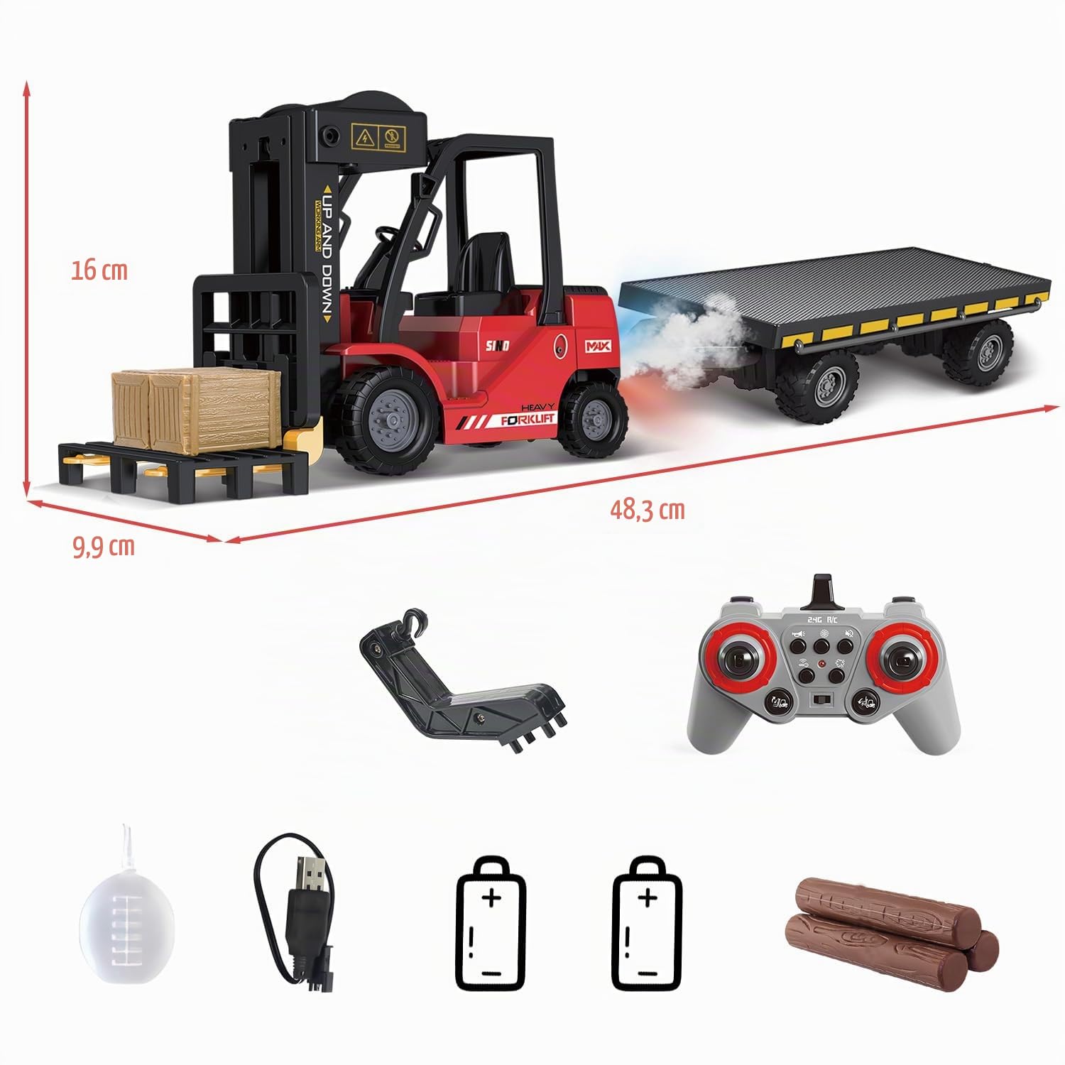 Mostop Chariot élévateur RC, jouet de construction 1/24, avec boîtes/son et spray lumineux, deux batteries rechargeables et chargeur