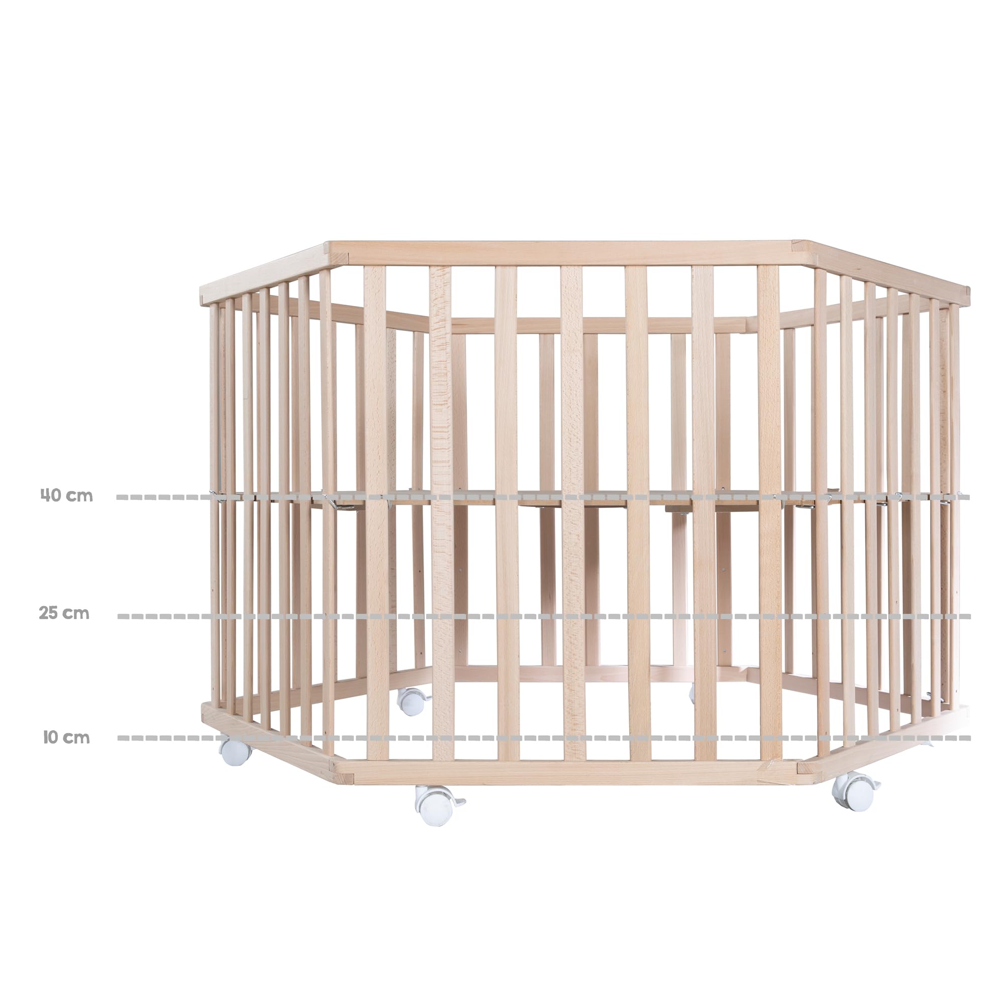 roba parc hexagonal avec tapis au design 'Little Stars' – bois massif de hêtre – parc réglable en hauteur sur 3 niveaux – mobile et sécurisé grâce aux roulettes freinées – bois naturel
