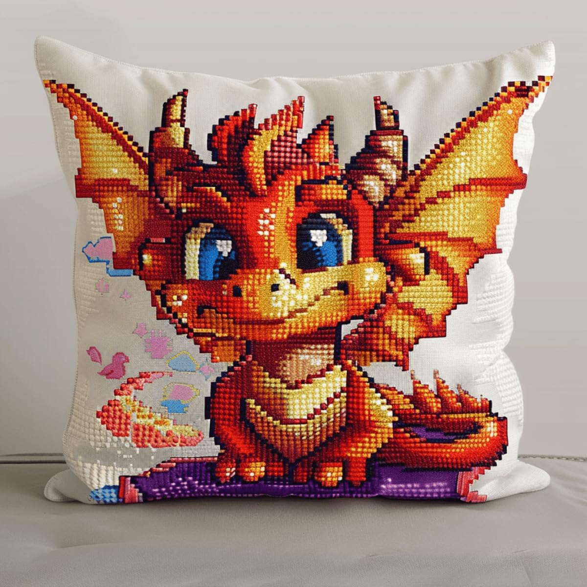 Rkflgew E Diy Latch Hook Craft Kits Cartoon Dragon Needlepoint Pillow Kit Fantasy Animals Diy Throw Pillow Cover Crochet Yarn Needl Craft Handmad Cushion For Hom Sofa Decoration 43X43cm