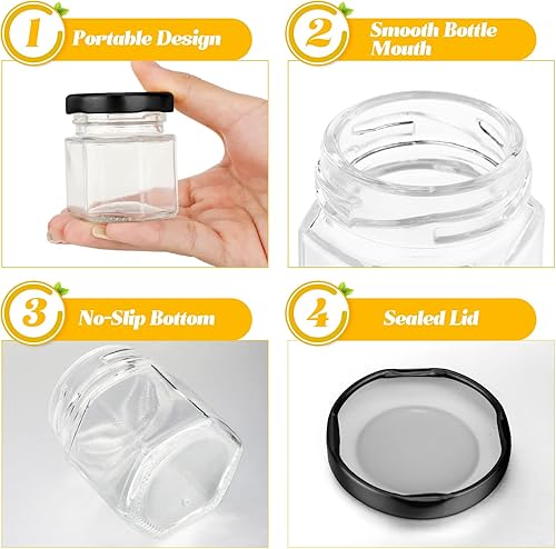 Miniatura 9 de Nuogo Paquete de 100 mini tarros hexagonales de vidrio de 1.5 onzas, tarros de miel, pequeños tarros de especias, tarros de conservas, mermeladas,