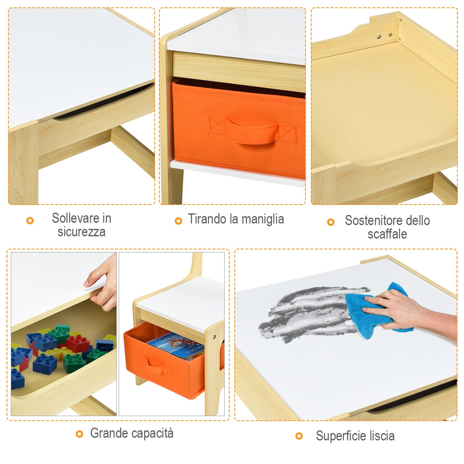 COSTWAY Tavolino Bambini 3 in 1, Set Tavolo e Sedie per Bambini con Lavagna Rimovibile e 2 Sedie con Cestini Portaoggetti, Scrivania Multiuso per Cameretta e Soggiorno (Legno)