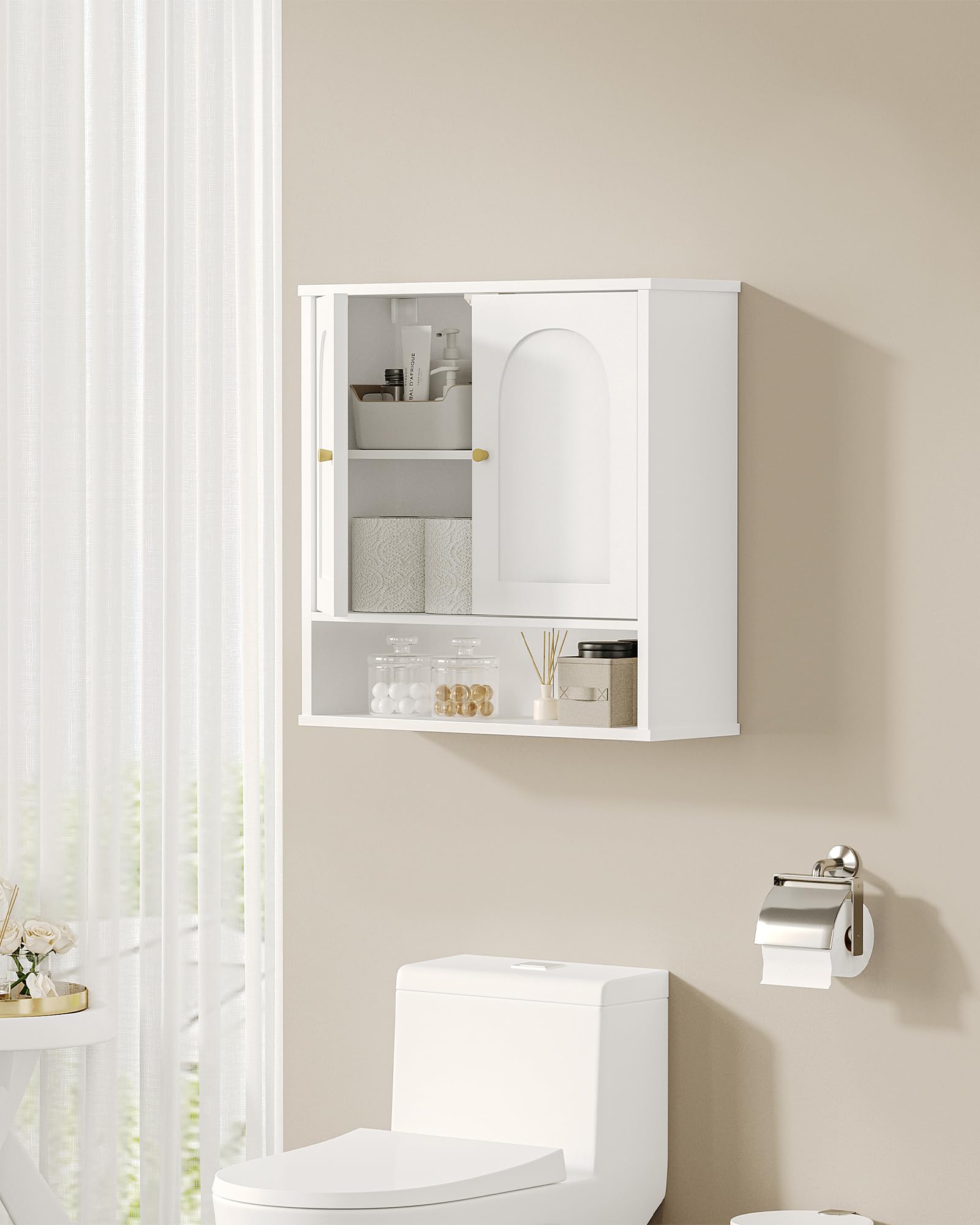 Hzuaneri Hangeschrank, Badezimmerschranke, Wandschrank für Toilette und über Waschbecken, mit 2 Türen, Offener Raum und Verstellbare Regale Medizinschrank, Weiß mit Holzmaserung BC40113X