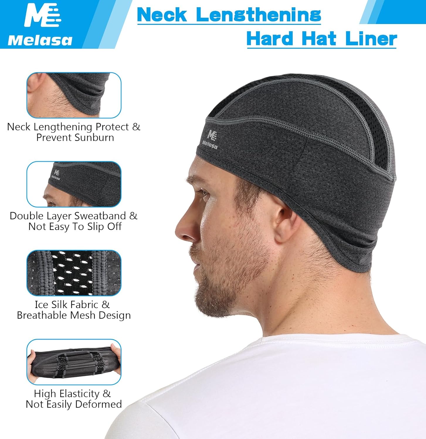 MELASA Skull Cap Cooling Helmet Liner for Hard Hat with Neck Extension Sun Protection Mesh Breathable Sweat Cap