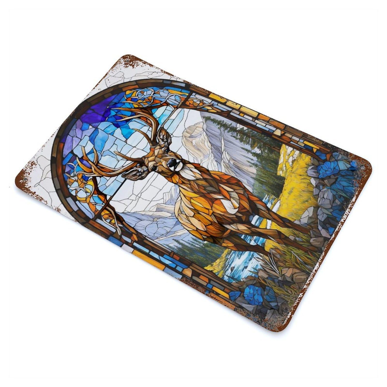 Deer Stained Glass 11.8"x7.9" Aged Metal Wall Plaque, Retro Wall Decor for Farmhouse, Kitchen And Entryway Decor