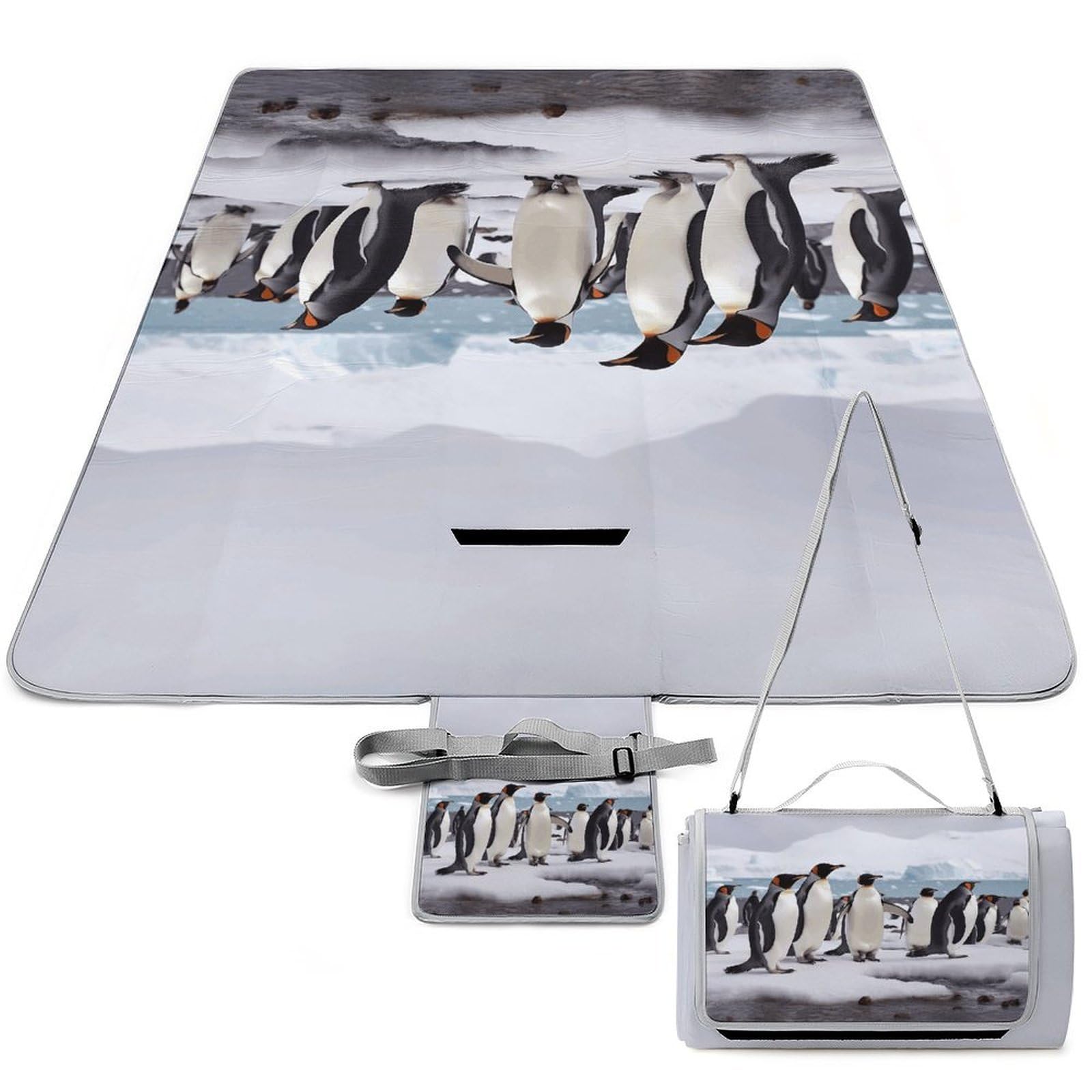 Antarctica Penguins Beach Blanket Thickened Foldable Camping Mats Soft Lightweight Beach Pad Square Picnic Blankets with Shoulder Strap for Park Grass Patio Hiking