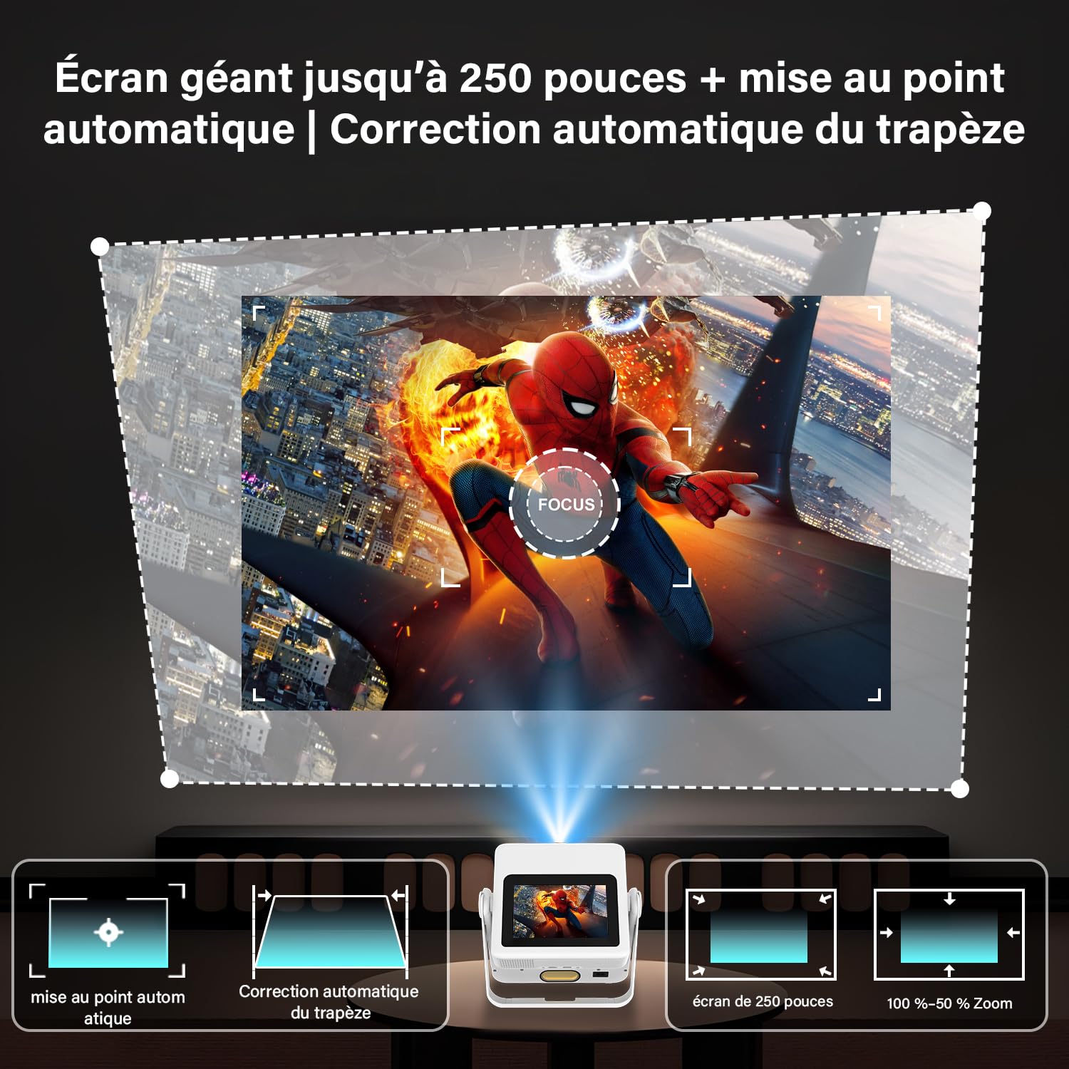 Mini proiettore Smart con supporto 4K con touchscreen, messa a fuoco automatica e correzione trapezoidale, WiFi 6 Bluetooth HDR10+, 1000+ app, doppio display