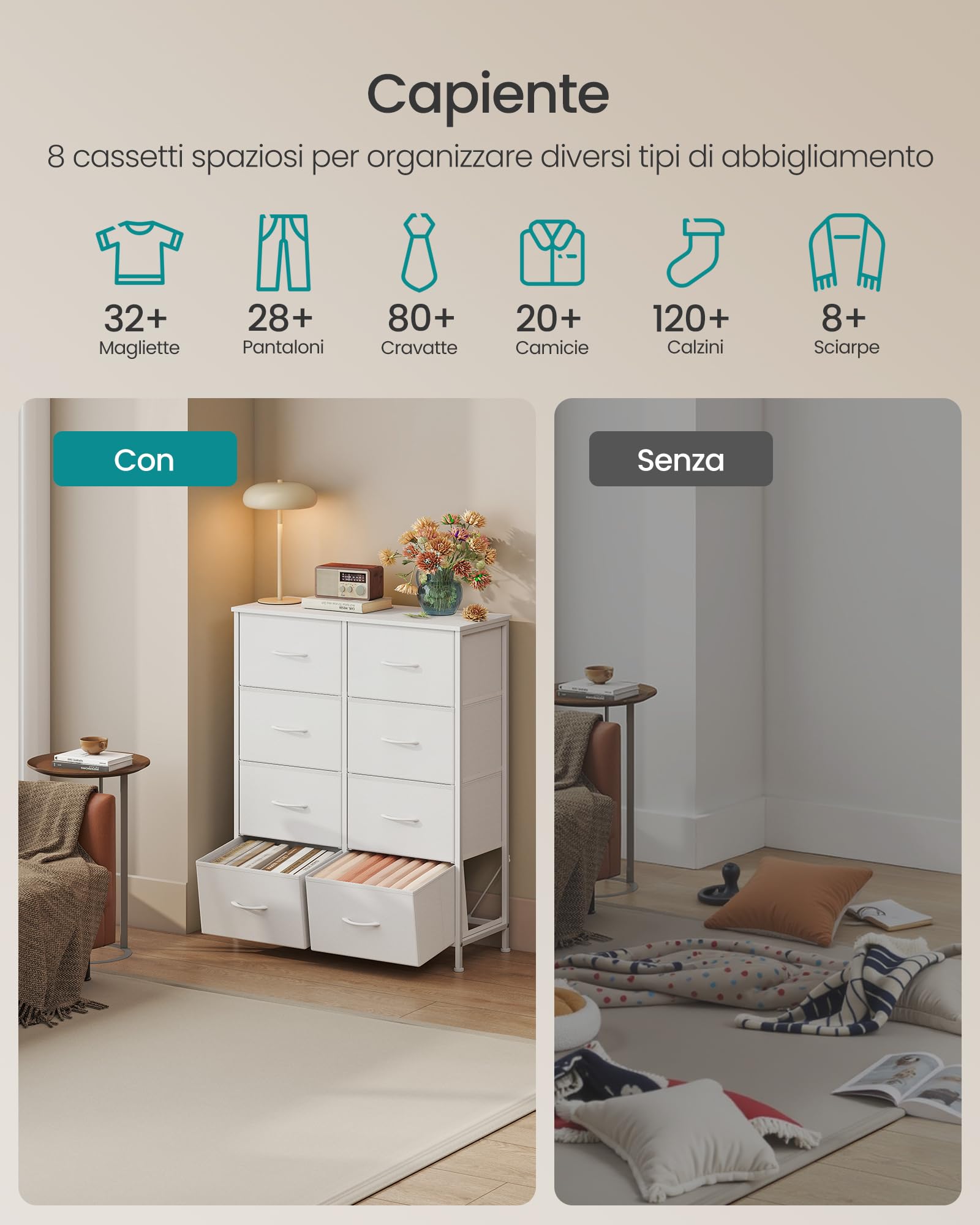 SONGMICS BELLAH Collezione - Cassettiera, 8 Cassetti in Tessuto, Acciaio, MDF, Tessuto Non Tessuto, per Camera da Letto, Armadio, Ingresso, Soggiorno, Bianco Nuvola e Bianco Neve LGS124WH01