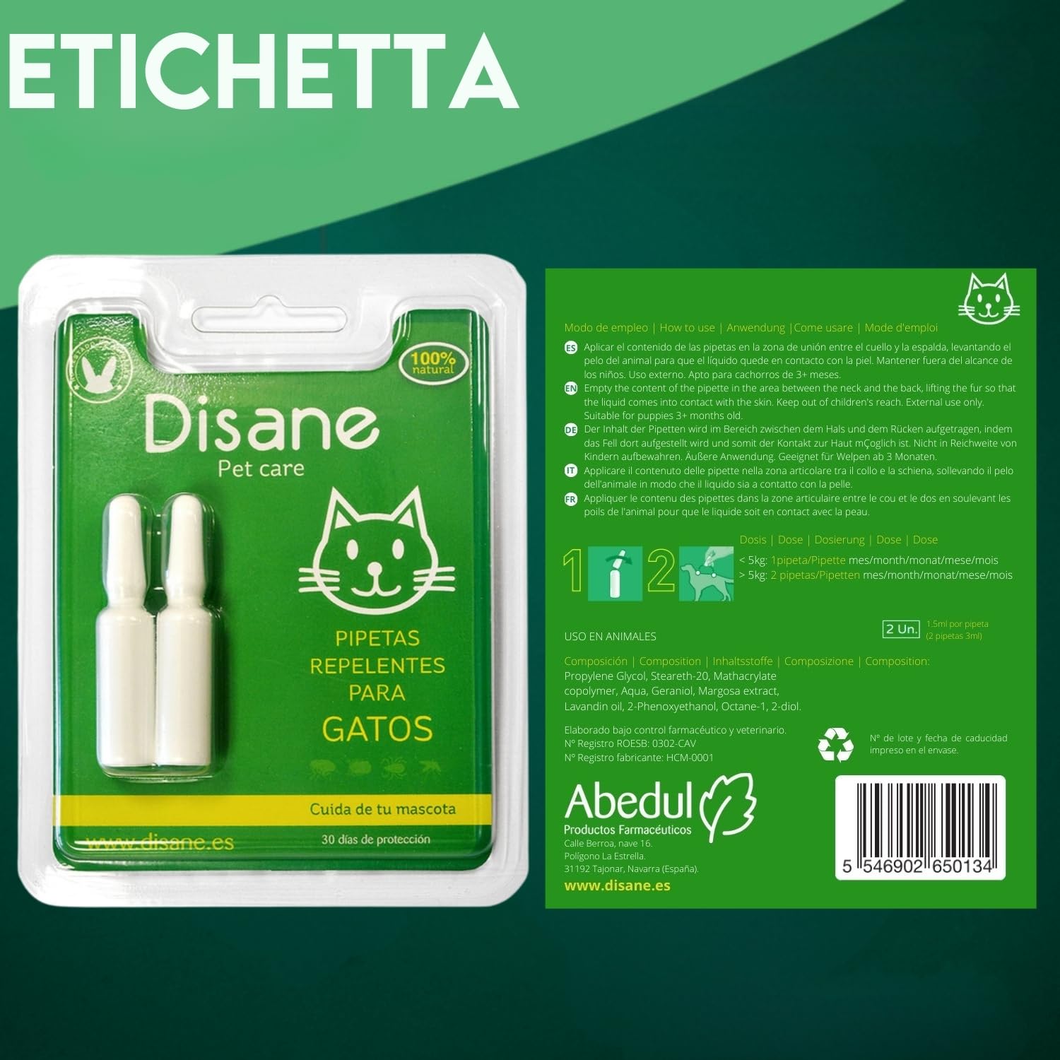 DISANE 2 Pipette Antiparassitarie per Gatti Naturale | 2 Mesi di Protezione Contro Insetti e parassiti: pulci, zecche e zanzare | Formulato sotto Controllo Veterinario Senza Tossicità per Il Gatto