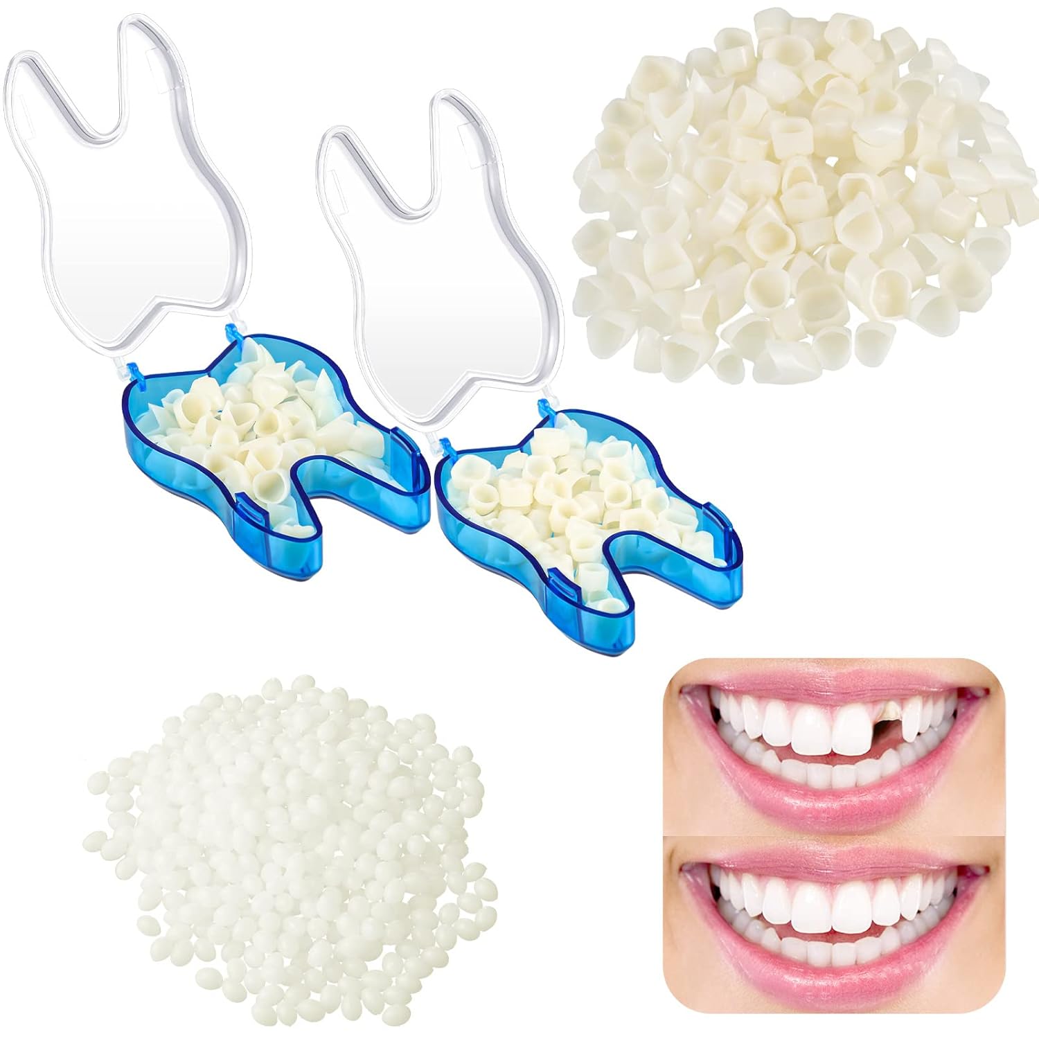 100 Pieces Fake Teeth for Missing Teeth Temporary Tooth Replacement Repair Kit Temp Tooth Veneer Crown Tooth Replacement It Yourself Front Teeth Dental Veneer with Thermal Beads for Holiday Cosplay : Beauty & Personal Care