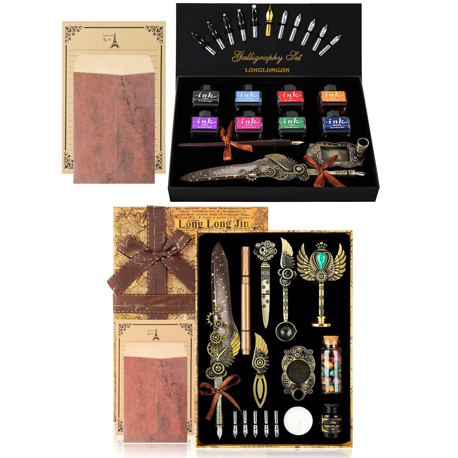 LongLongJin Calligraphy Pens and 8*Colors Ink Set + Wax Seal Stamp Kit，Beginner Calligraphy Quill Pen Lovers of All Ages Selection Gift
