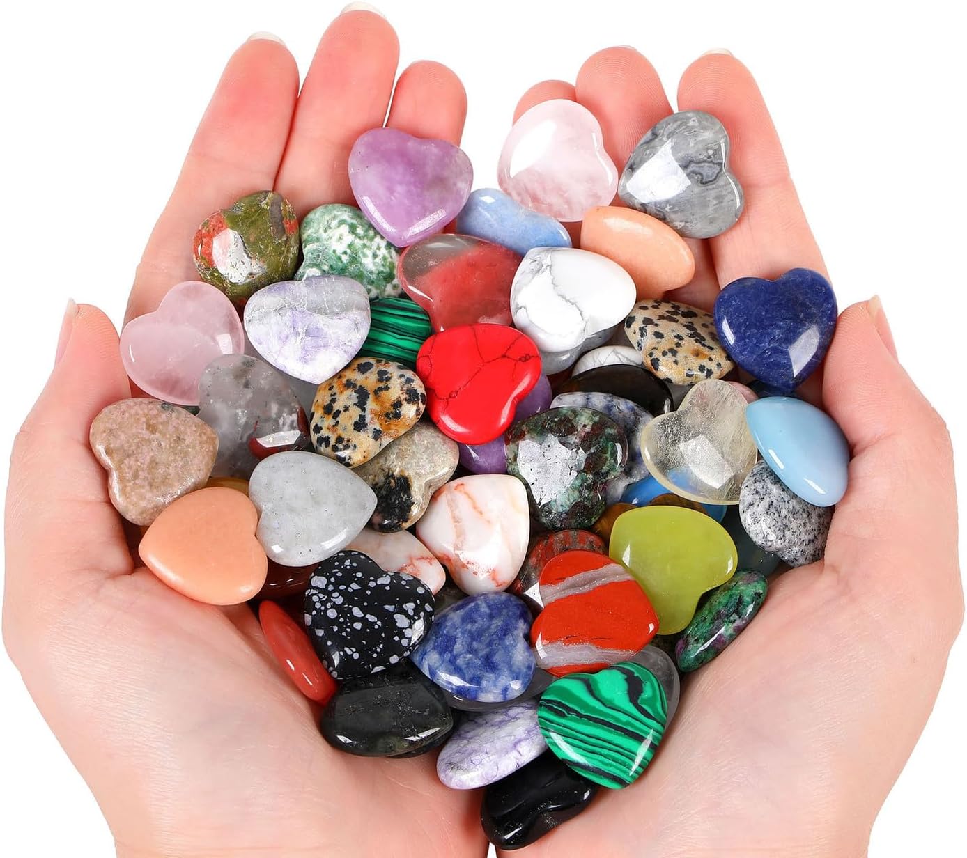 QINJIEJIE 80PCS Heart Shaped Crystals Worry Stones Natural Love Gemstones Rose Quartz Bulk Pocket Thumb Crystal Wholesale Polished Chakra Stone Reiki Energy Assorted Set Heart Decor Bulk Valentines Gifts for Women
