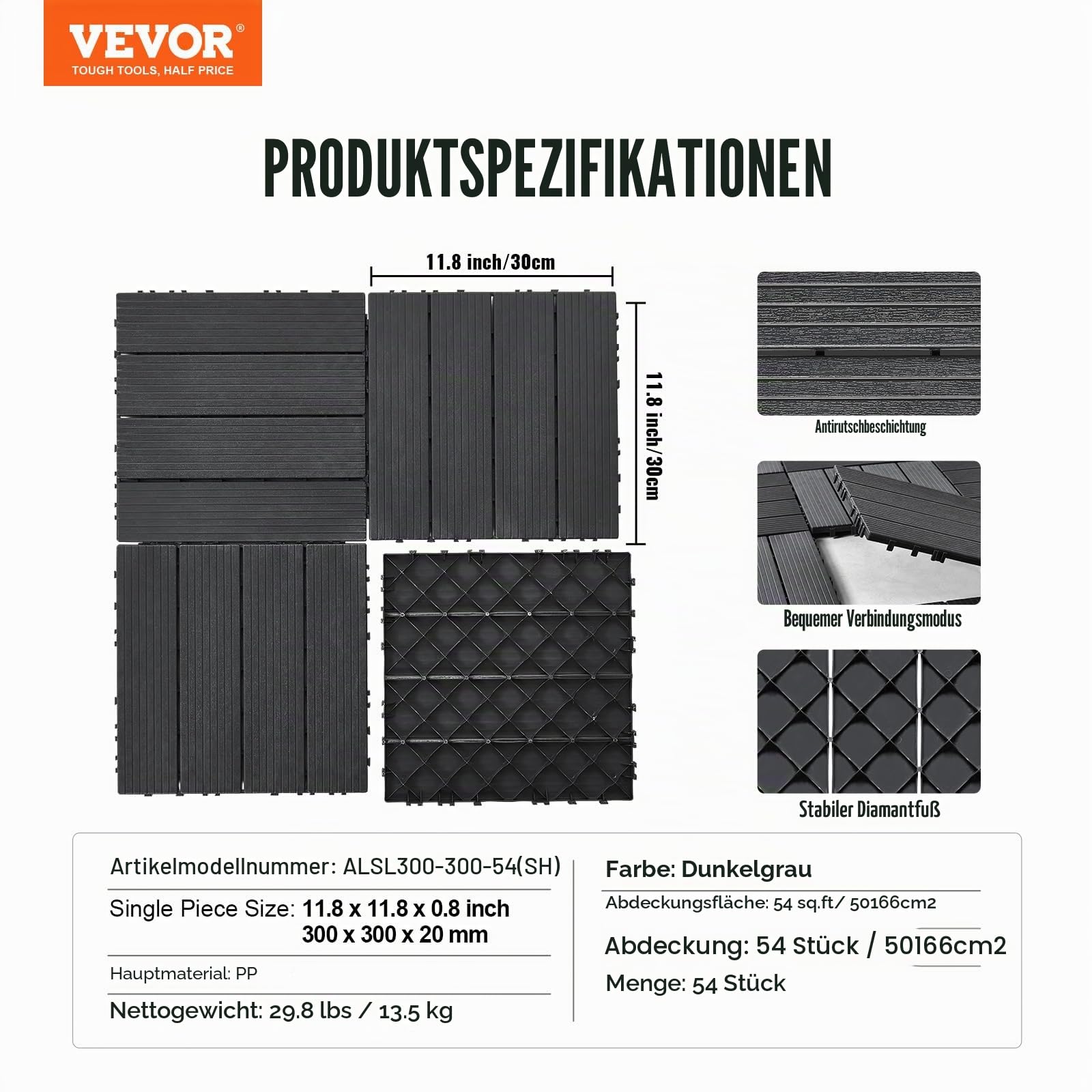 VEVOR Terrassenfliesen, 54er-Set, Balkonfliesen 30 x 30 cm, Klickfliesen, wasserdichter Kunststoff-Bodenbelag für den Außenbereich, Terrassenbodenbelag für Veranda, Pool, Balkon, Hinterhof, Dunkelgrau