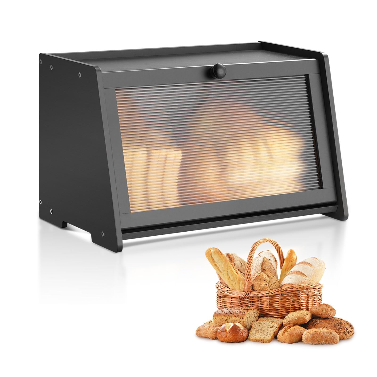 VEVOR Contenitore per Pane da Cucina 420 x 250 x 260 mm Contenitore per Pagnotta in Legno di Bambù per Pane Fatto in Casa, con Pannello Porta in Acrilico Ondulato, Forma di Trapezoidale, Nero