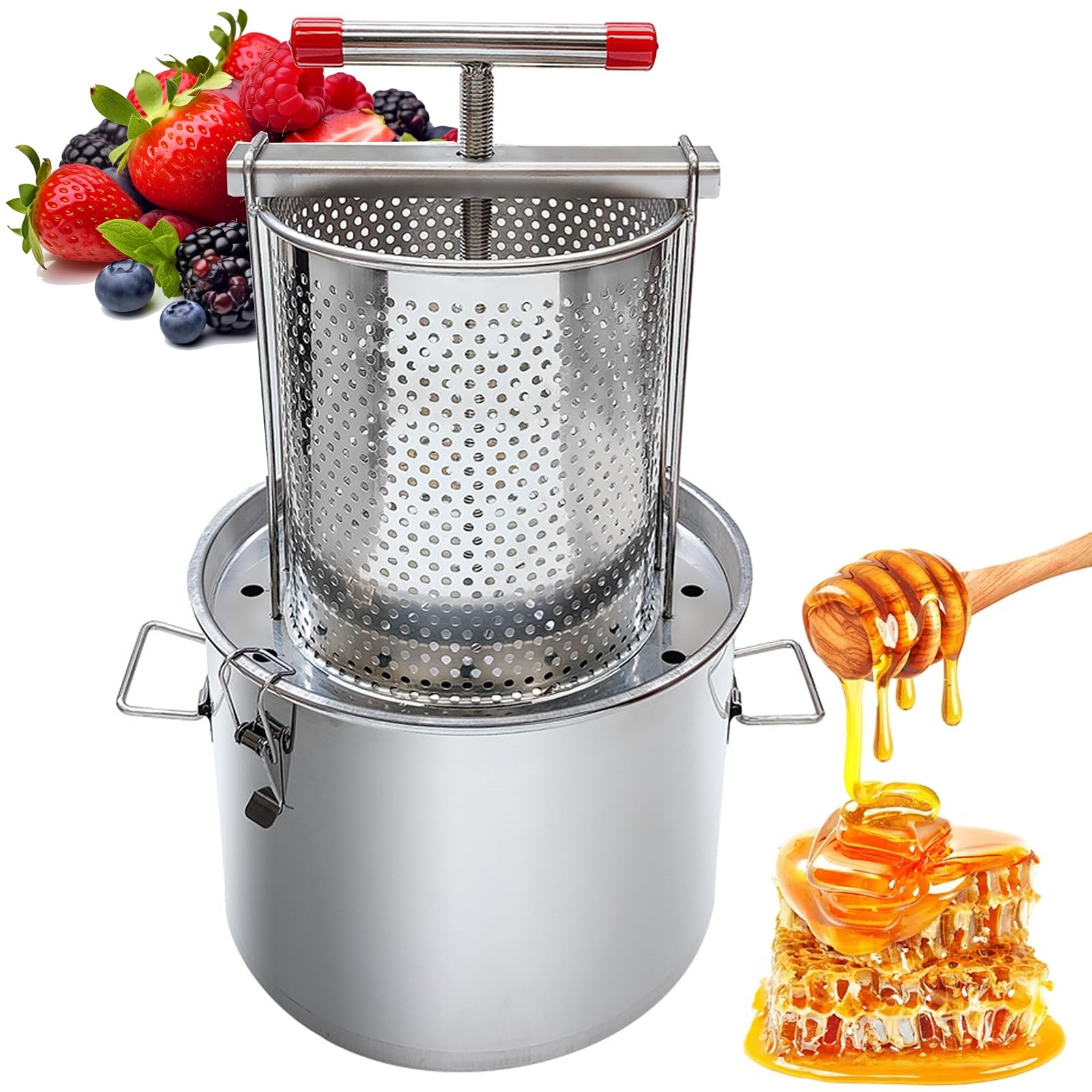 Extractor de miel manual 2 en 1,prensa de miel de malla manual doméstica de 23 l con mango en T, extracción de miel de acero inoxidable for apicultura, elaboración de vino, miel, jugos, cocina y hogar