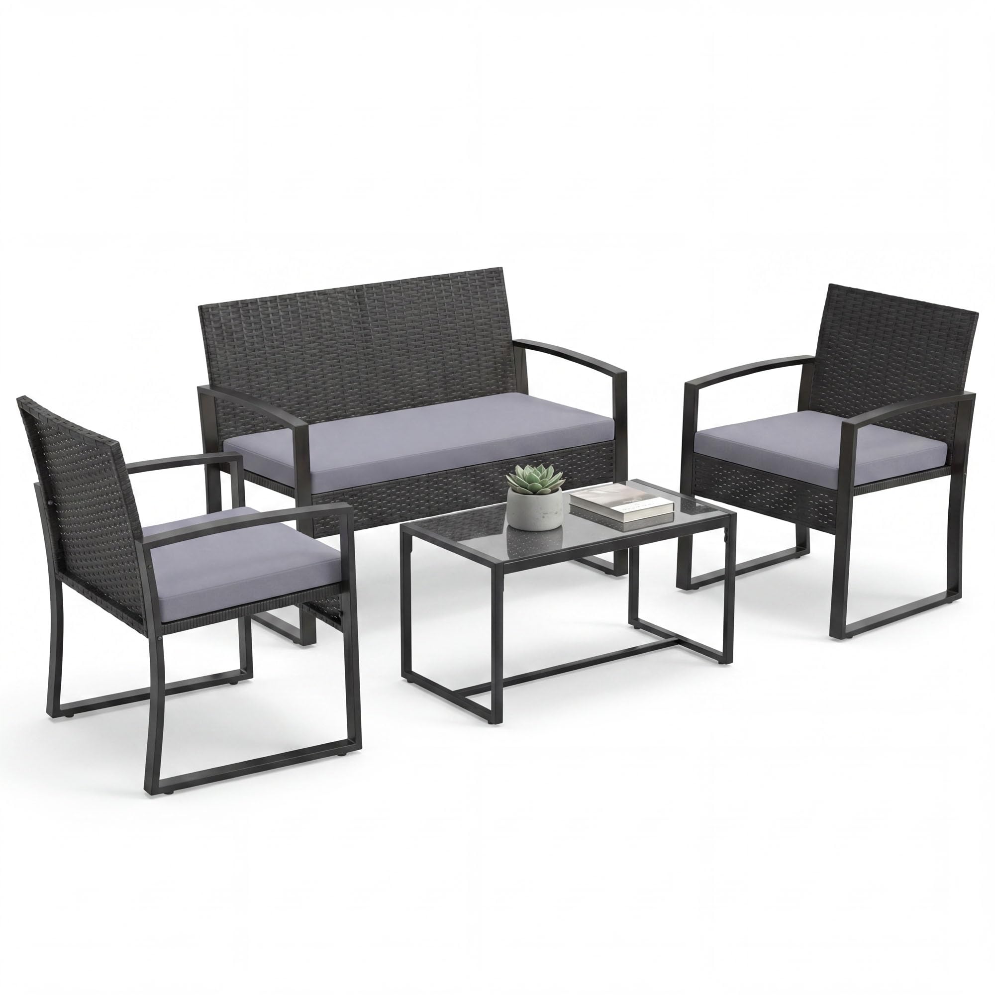 SOARS Set di Salotto da Esterno in Rattan PE, Divano 2 Posti, 2 Poltrone, Tavolino Vetro Temperato, Cuscini, Grigio