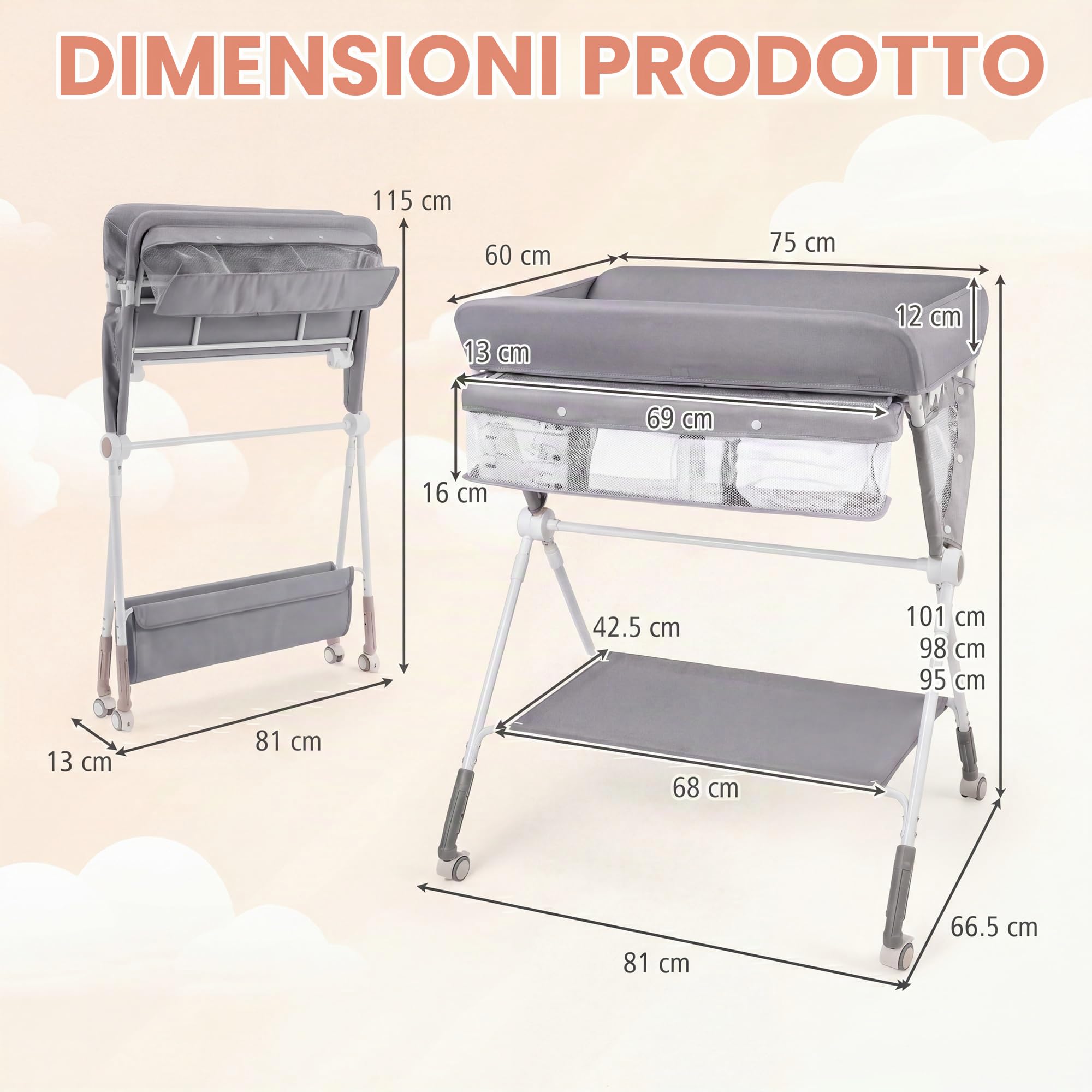 LIFEZEAL Fasciatoio Neonato, con Cestino Portaoggetti, Cintura di Sicurezza e Ruote, Regolabile in Altezza con Cesto Portaoggetti, per Bambini 0-12 Mesi, Portata 11 kg (grigio)