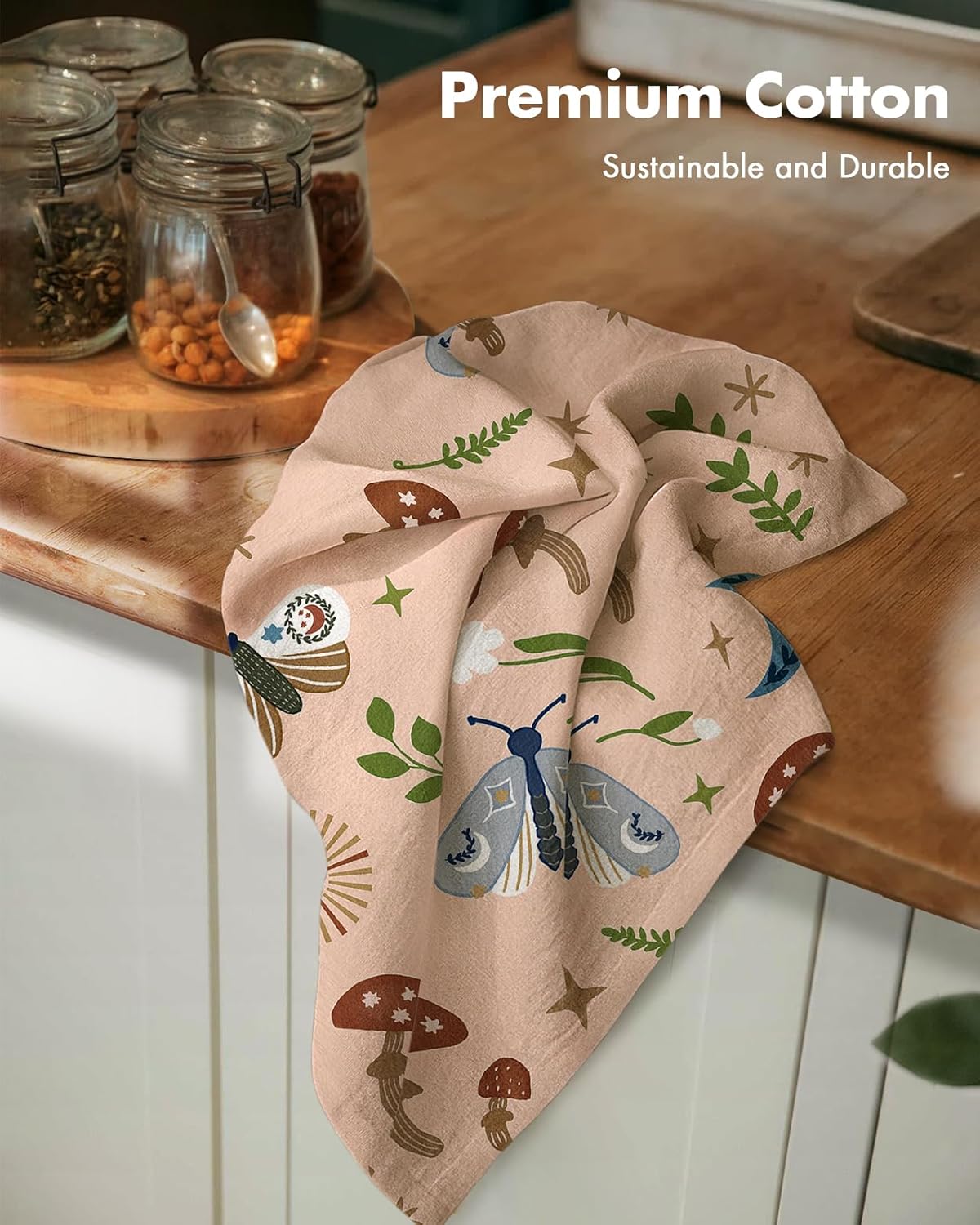 Flour Sack Kitchen Towels - Set of 2 Cotton Dish Towels with Hanging Loop Decorative 16x26 Inch Absorbent Cute Design for Housewarming Gifts, Shroom Butterfly - Image 2