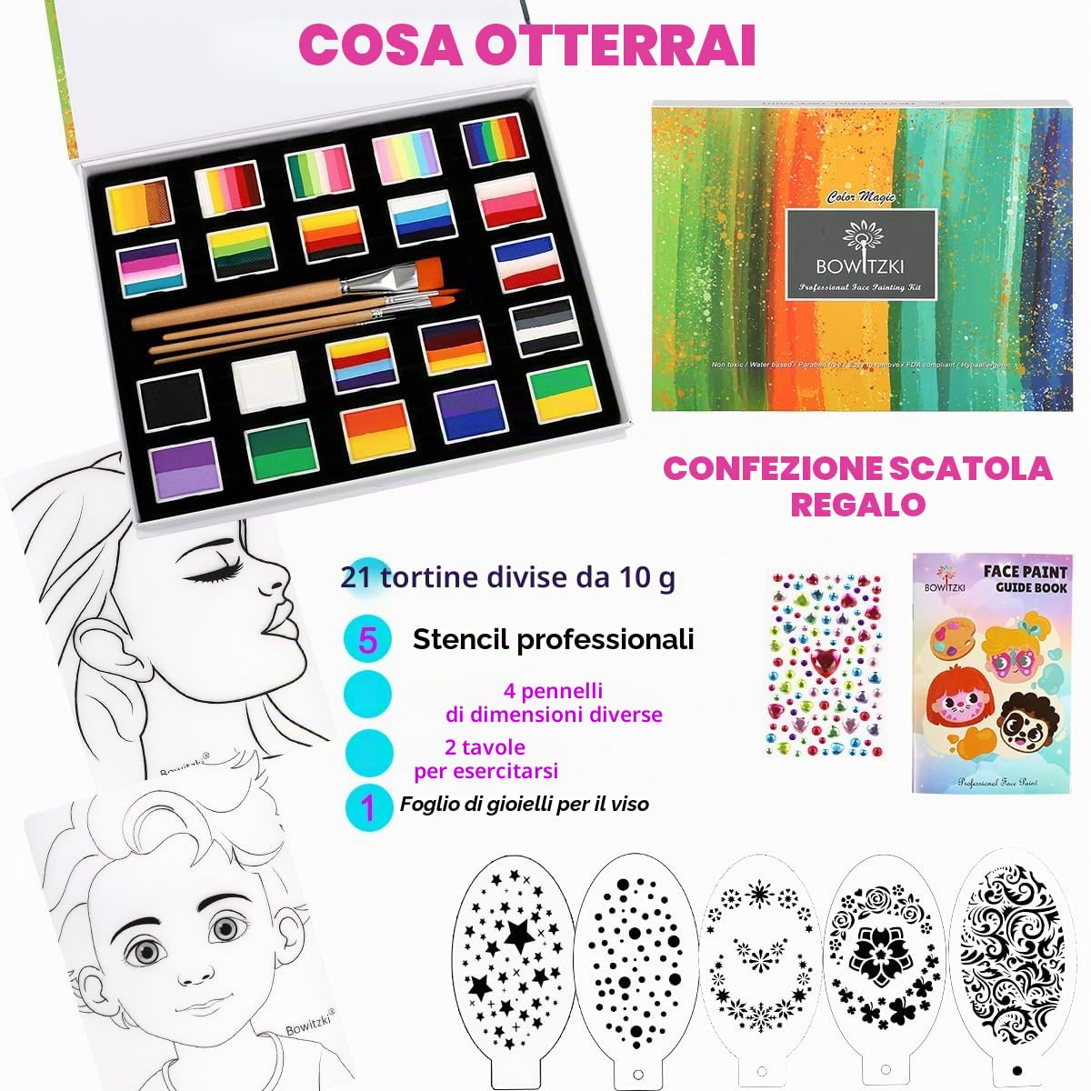 Bowitzki Set di 21 colori Split Cake Face Paint Kit Professional Face Painting Kit Kids Adults 10g One Stroke Stencil Brush Practice Board Guide Book Non Toxic Rainbow Body Makeup Halloween Christmas