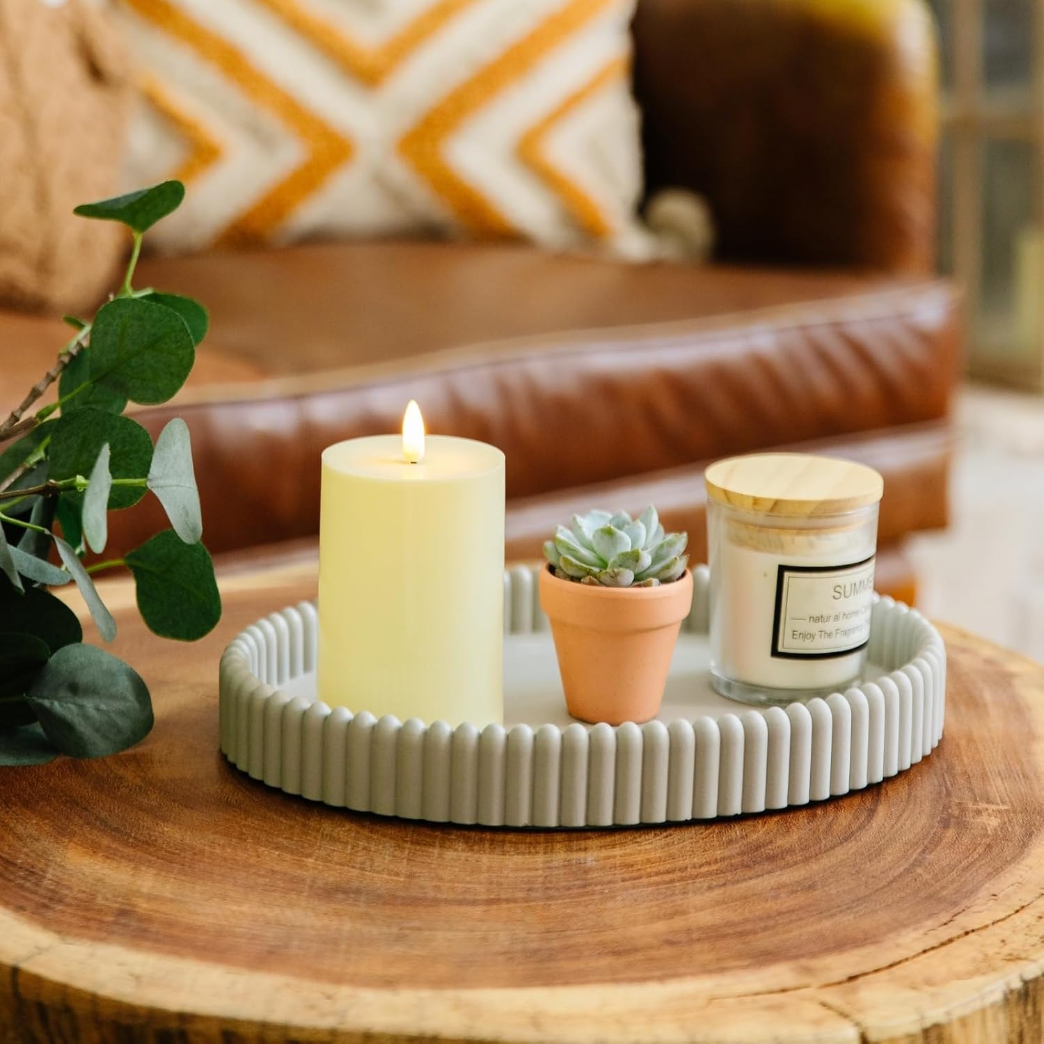 11.8in Decorative Tray for Coffee Table Decor- Gray Oval Concrete Tray for Home Decor- Scalloped Flat Modern Centerpieces Tray Decor for Living Room, Kitchen Dining Table, Entryway (Gray) - Image 6