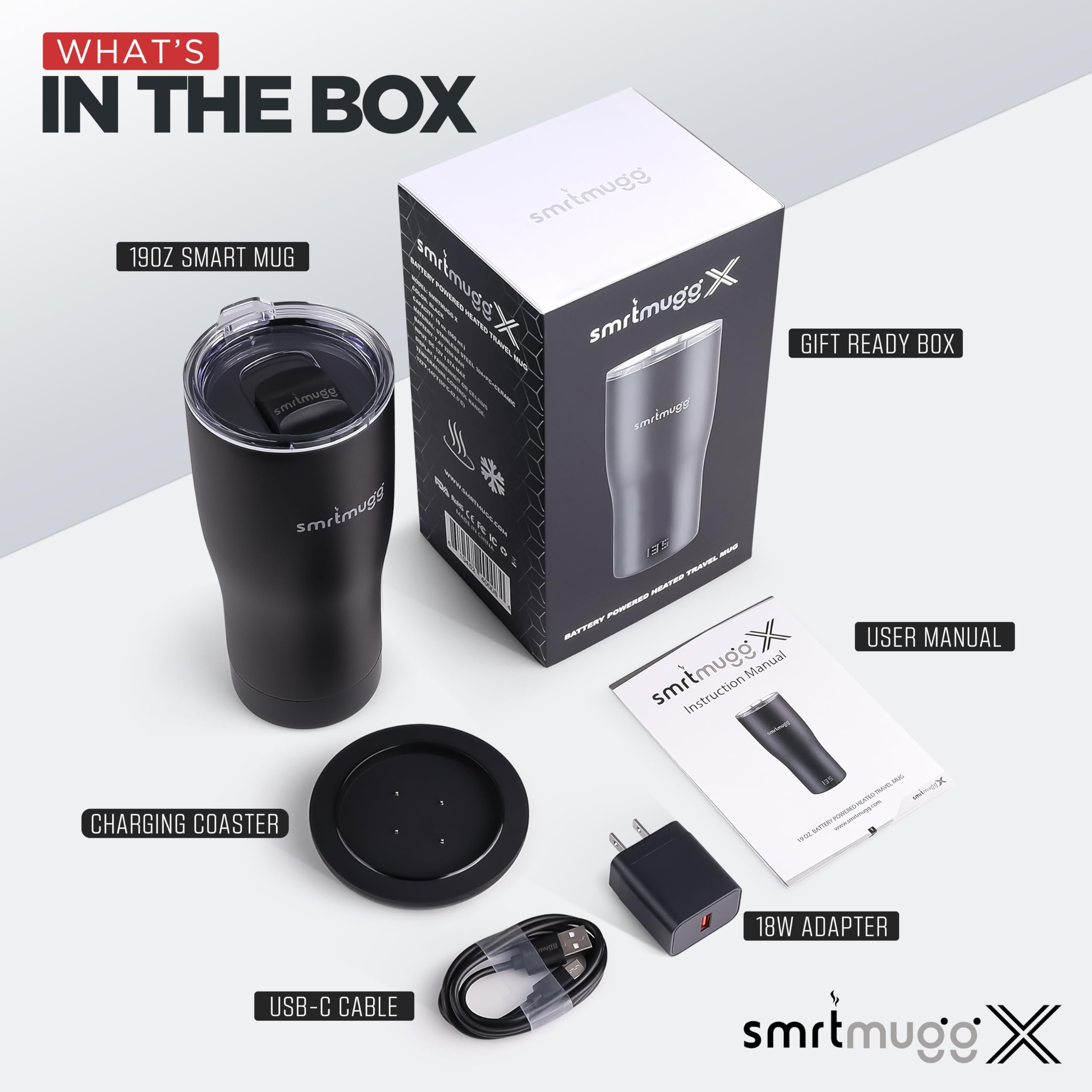 SMRTMUGG X Taza de café con calefacción de 19 onzas, batería de 8 horas, autocalentamiento, control de temperatura ajustable, pantalla LCD, ajuste de temperatura con un botón, incluye cubierta con
