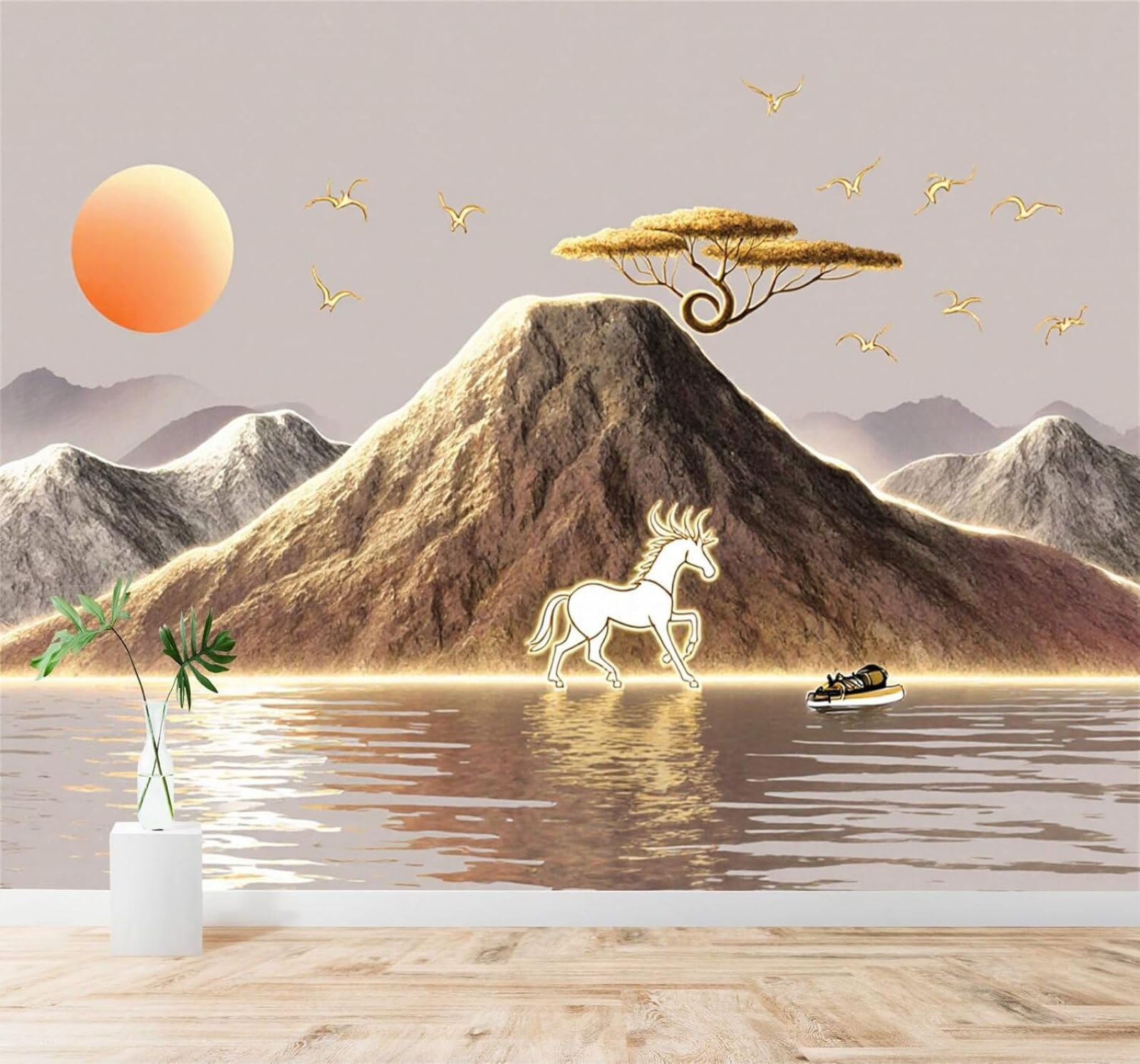 Tzxztt 400Cm×280Cm(B×H) Golden Mountain Peaks Sunset White Horse Birds In Flight Landscape Modern 3D Wallpaper Premium Textured Silk Neutral Tones Material Ideal For Living Room Bedroom-400Cm×280Cm