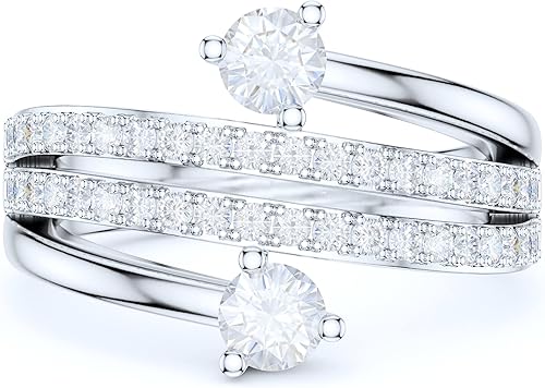 Vista 2 de Anillo de boda de plata de ley de 0.512 in de ancho con fila cuádruplex dividida de diamantes o moissanitas de talla brillante