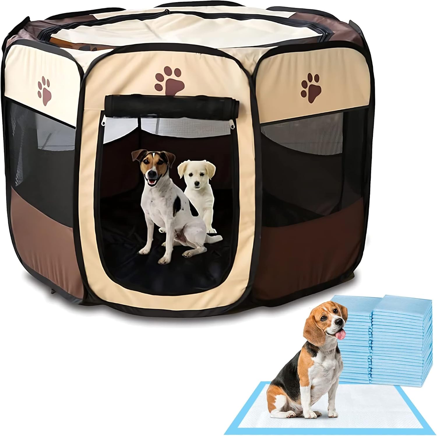 Parque para Perros Grandes, medianos o pequeños (Incluye Pack de 36 empapadores Perros). Jaula de Perro Octogonal Plegable Fabricada en Tela Oxford con toallitas para Perro. Caseta Perro (L)