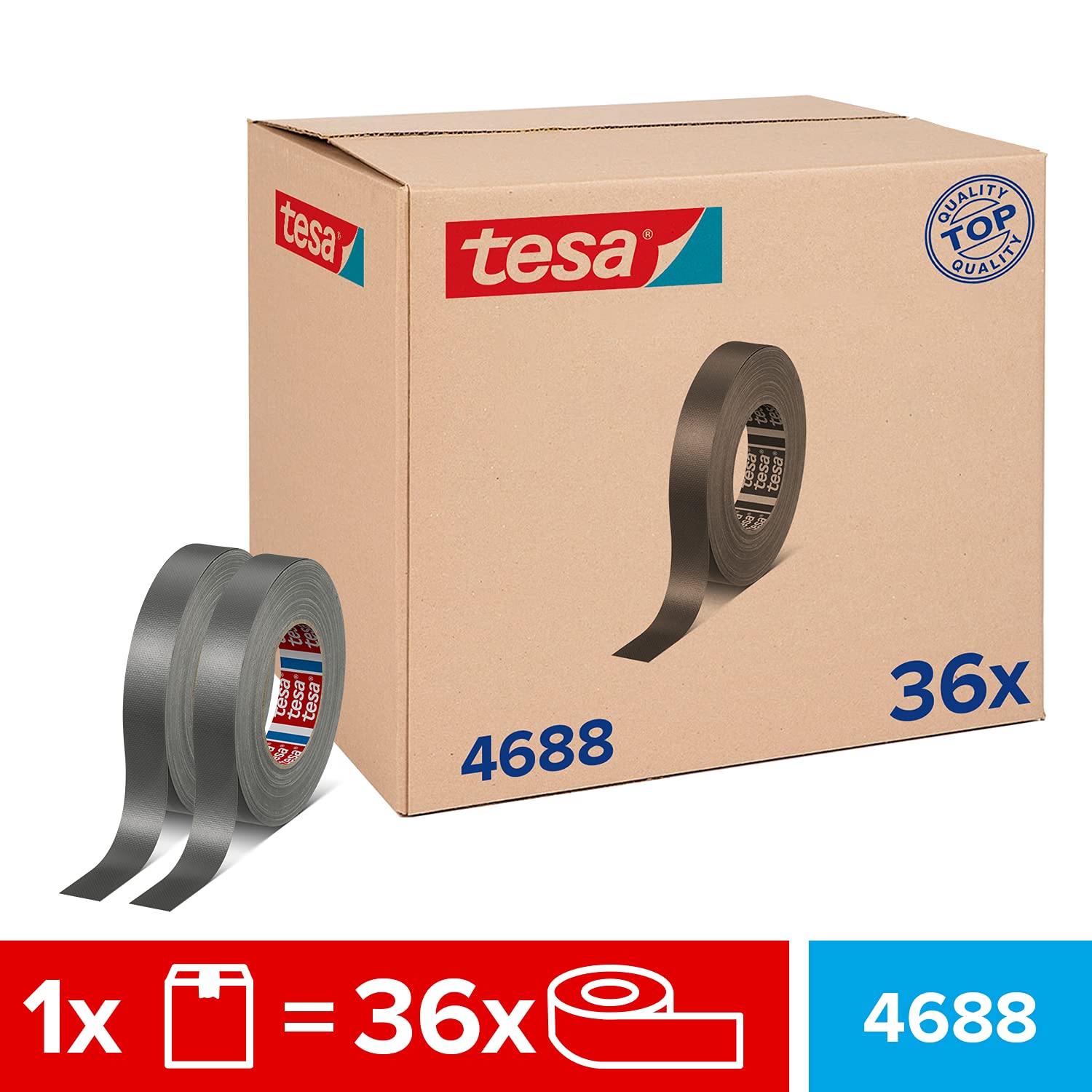 tesa tesaband 4688 Standard Gewebeband im 36er Pack - Reparaturband aus Mesh für Indoor-Anwendungen - wasserbeständig - silber-matt - 36 Rollen je 50 m x 25 mm