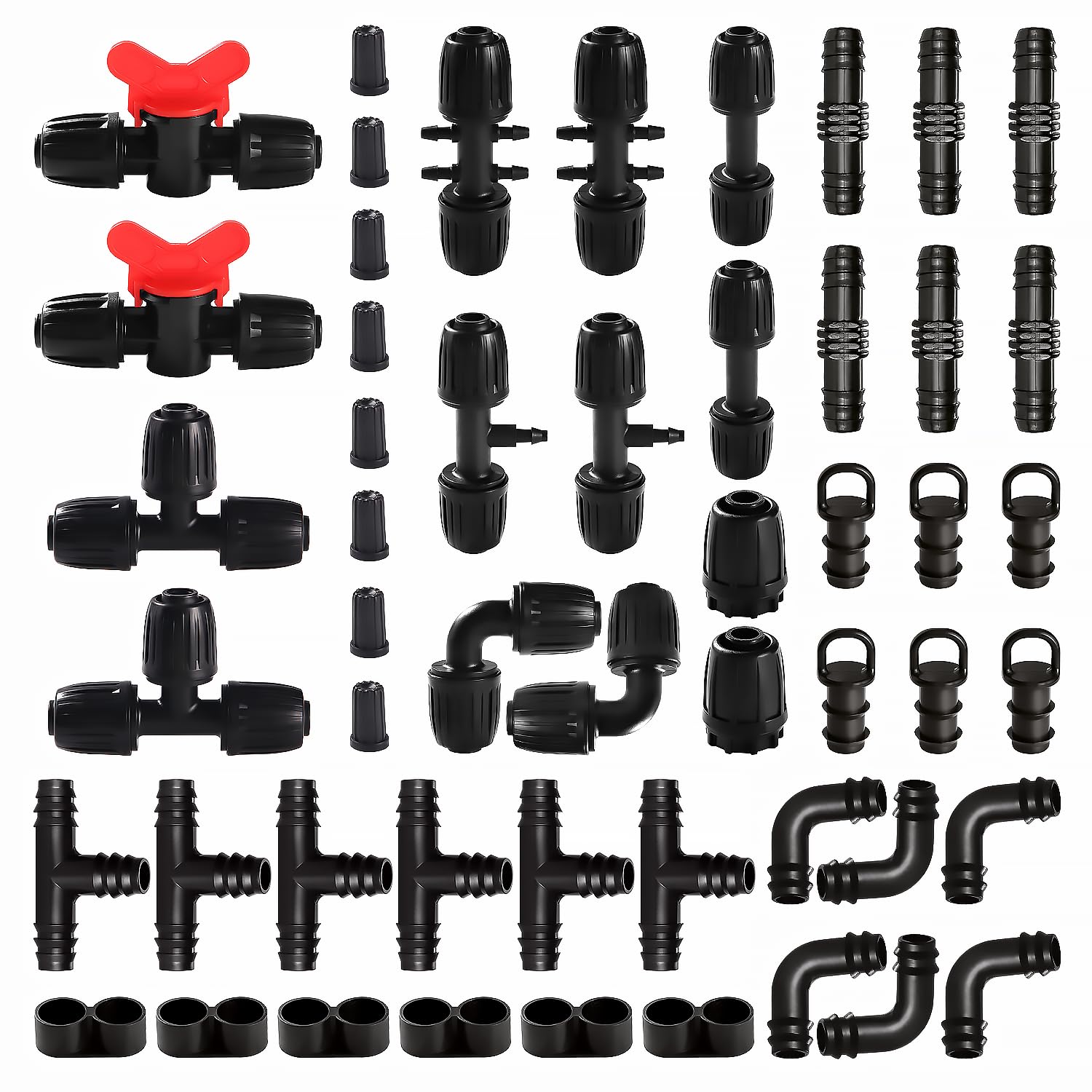VooGenzek 52 PCS Drip Irrigation Fittings Kit for 13/16 mm to 4/7 mm Tubing, Drip Irrigation Barbed Connectors for Garden, Lawn, with Switch Valve, Tees, Elbow, Straight, 6 Way, End Plug, Black