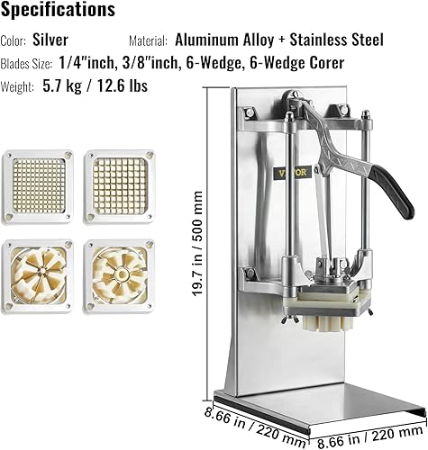 Miniatura 7 de VEVOR Cortador comercial para papas fritas con 4 cuchillas de repuesto, cuchilla de 14 y 38  Picador Easy Dicer, rebanador de 6 cuña y