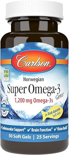 Carlson - Gemas superomega-3, 1200 mg omega-3, noruego, apoyo cardiovascular, función cerebral y salud visual, 50 geles blandos