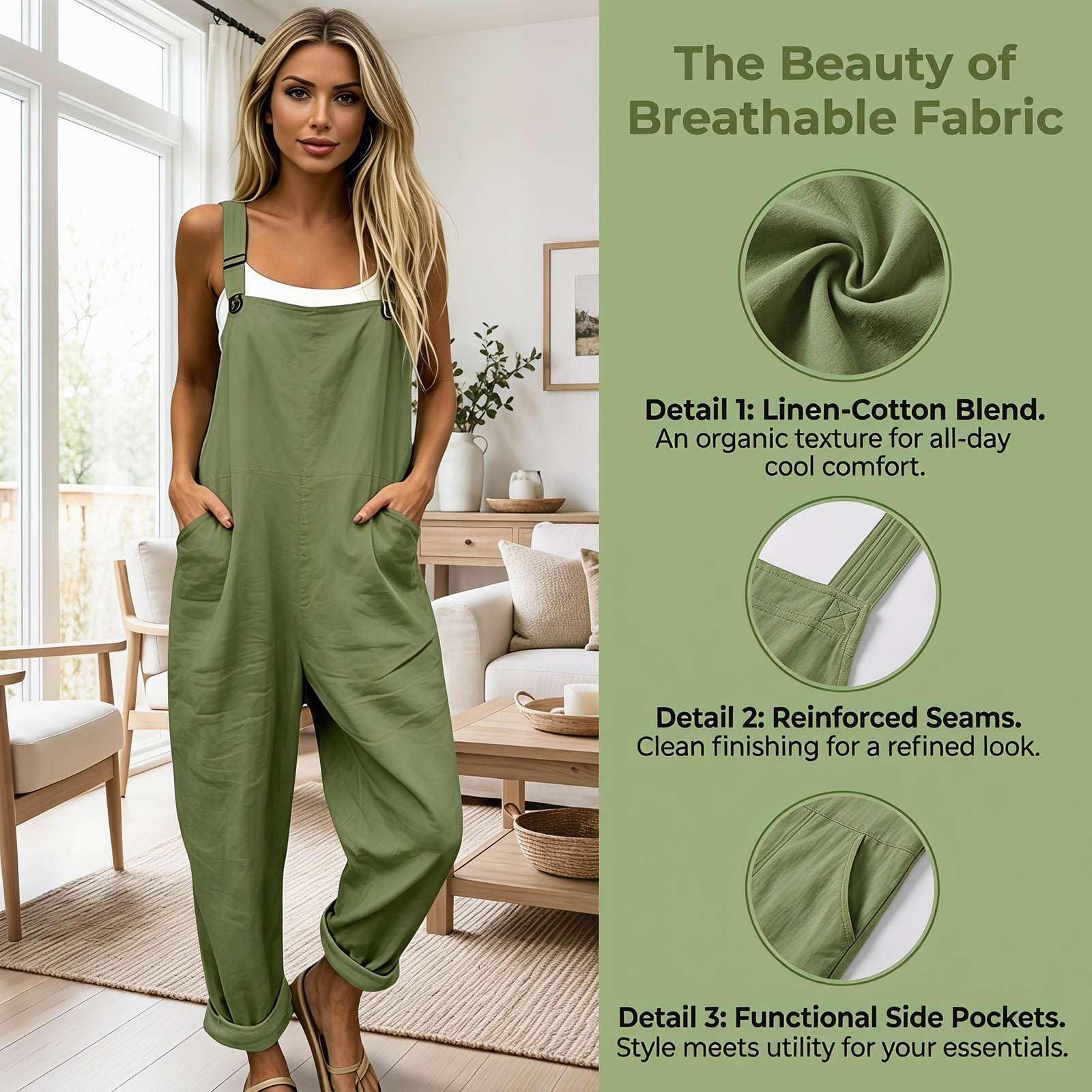Salopette Donna Estiva Lunga in Lino, Tuta Intera Elegante Stampa Boho Chic, Tuta Pantaloni Baggy Curvy con Tasche e Bretelle, Jumpsuit Gamba Larga Leggera Comoda per Mare Vacanza