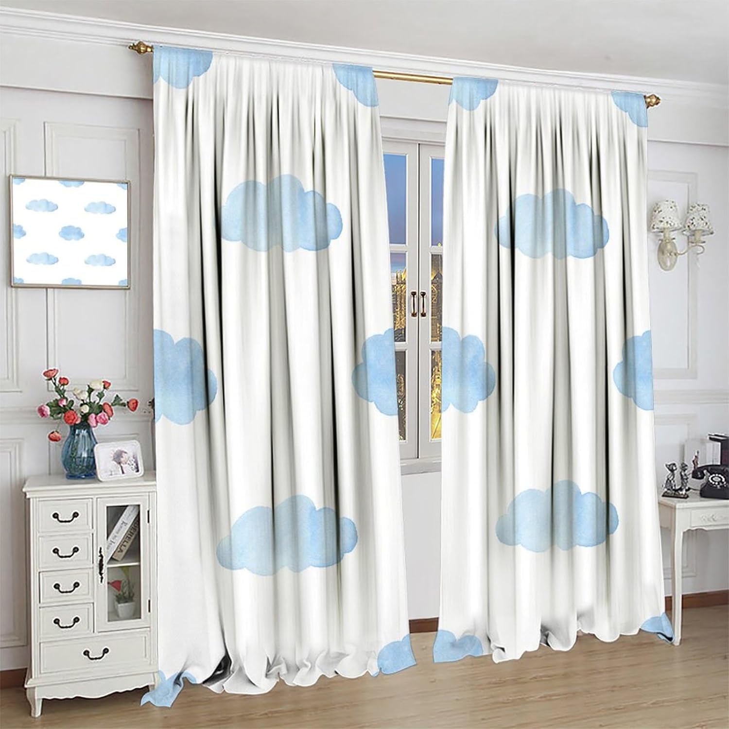 White and Blue Clouds Curtains, Repetitive Cloud Cumulus Simplistic Cartoon Pattern Window Curtains for Kitchen Bedroom Living Room Decor with Rod Pocket 42x45 Inch, Style
