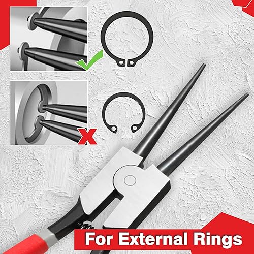 Miniatura 5 de LEONTOOL Alicates de anillo de presión de 13 pulgadas, alicates de clip externos resistentes, diámetro de punta de mandíbula recta de 0.12 pulgadas