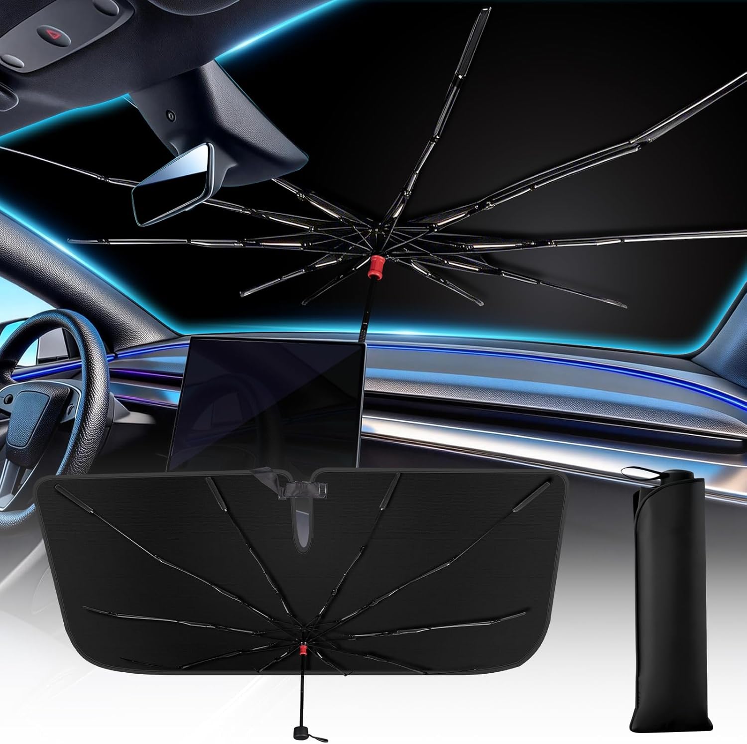 Windshield Sun Shade Umbrella, Foldable Car Sunshade for Front Windshield, UV Block & Heat Reduction Sunshade, Durable Reinforced Frame, Easy Install Sunshade for Cars, SUVs & Trucks (57" x 32")